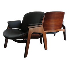 Ico Parisi Style Italian Dark Wood and Leatherette Armchairs for MIM Roma, 1960s