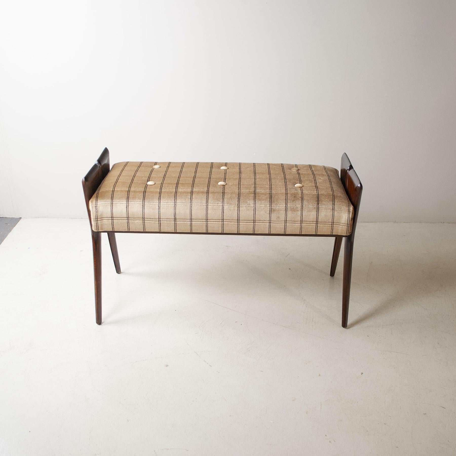 1950s wooden frame bench with velvet seat of the period in the style of Ico Parisi.

Ico Parisi was born in Palermo in 1916. He gained a diploma in construction and served his apprenticeship in Giuseppe Terragni's studio. In 1937 he carried out a