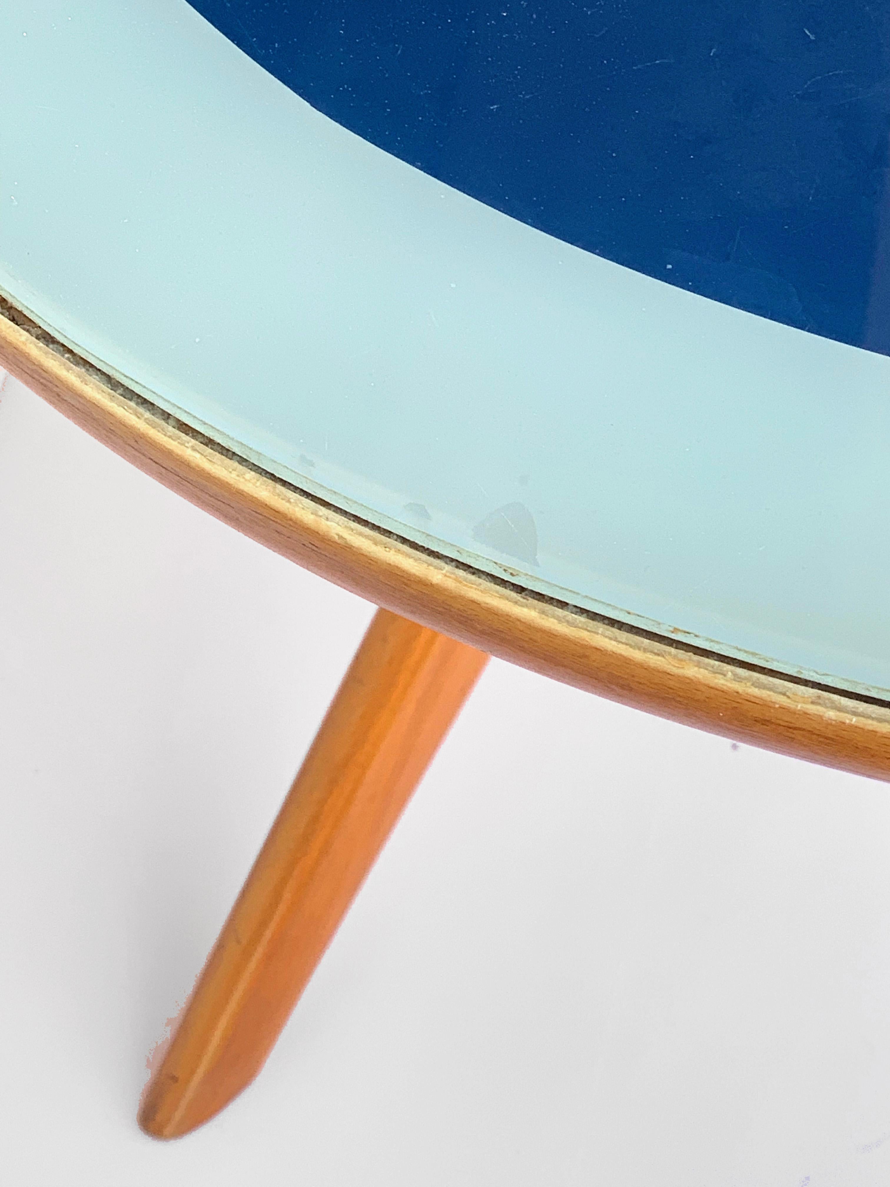 Ico Parisi, Italian Table Oval Wood, Printed Glass Top Blue and Grey, Italy 1953 12
