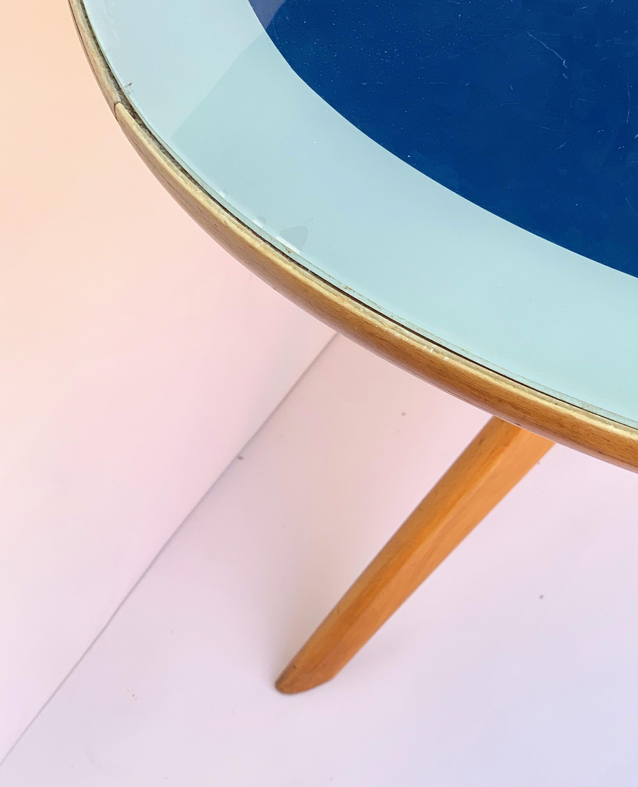 Ico Parisi, Italian Table Oval Wood, Printed Glass Top Blue and Grey, Italy 1953 8