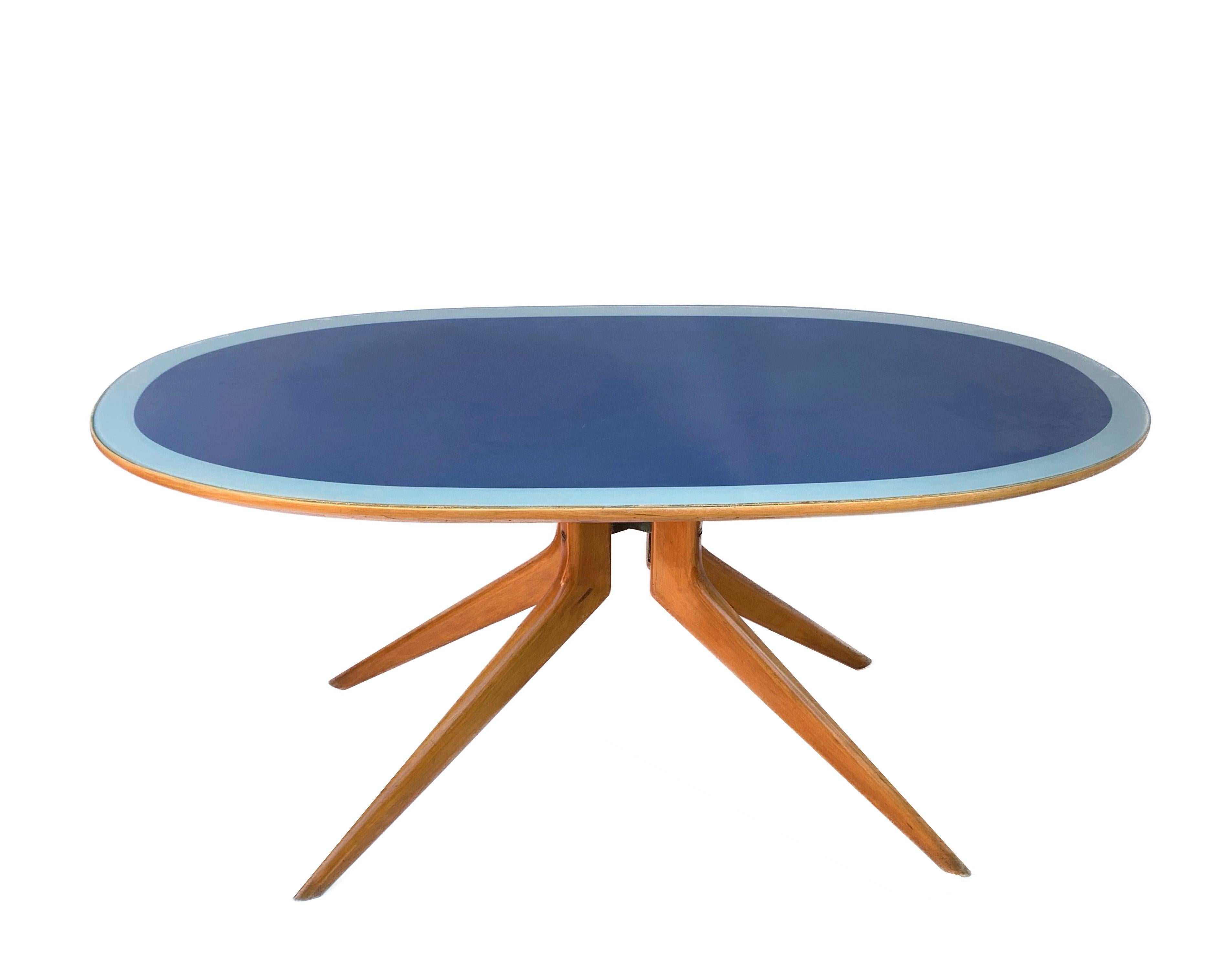 Ico Parisi, Italian Table Oval Wood, Printed Glass Top Blue and Grey, Italy 1953 13
