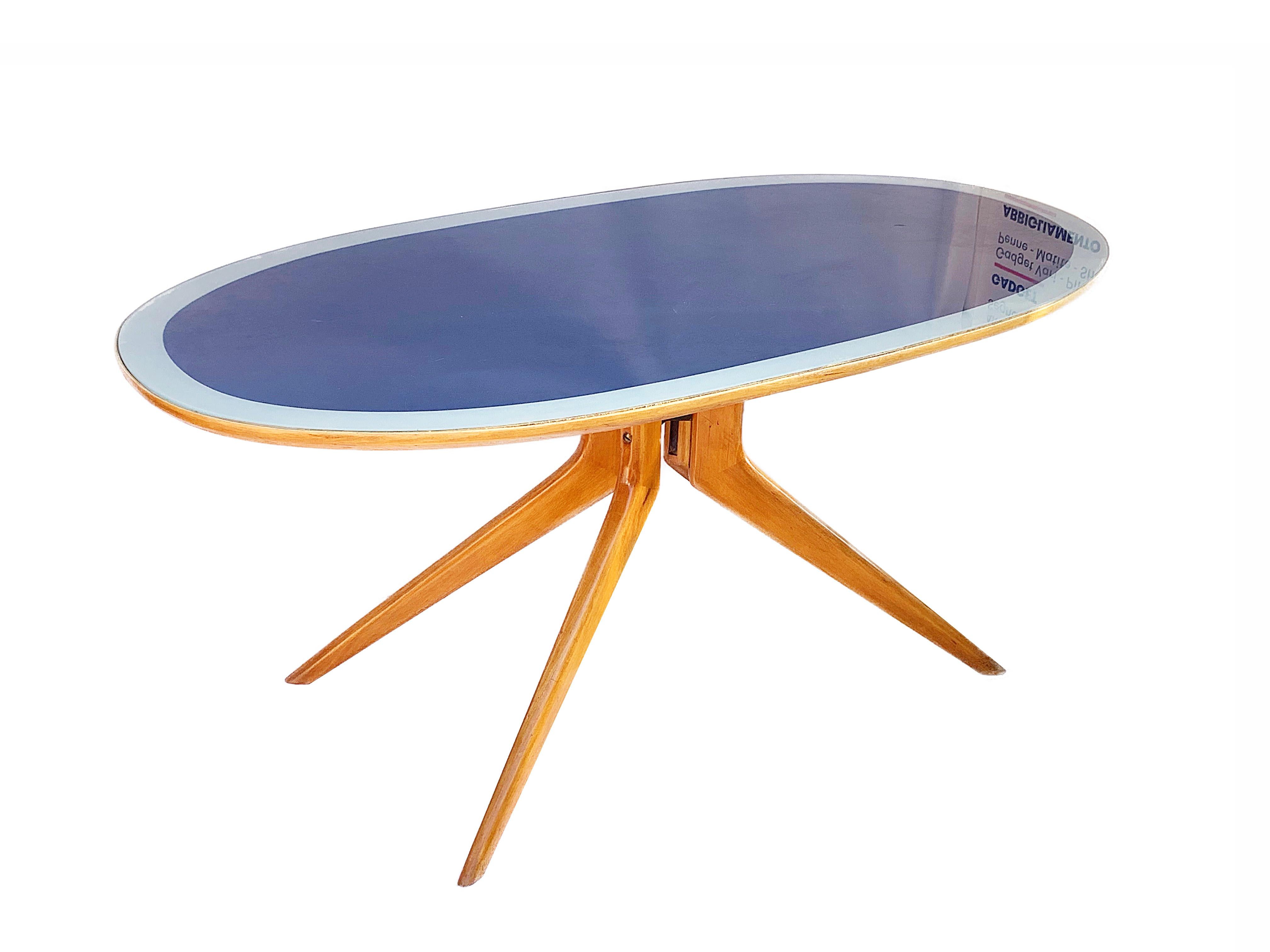 Mid-Century Modern Ico Parisi, Italian Table Oval Wood, Printed Glass Top Blue and Grey, Italy 1953