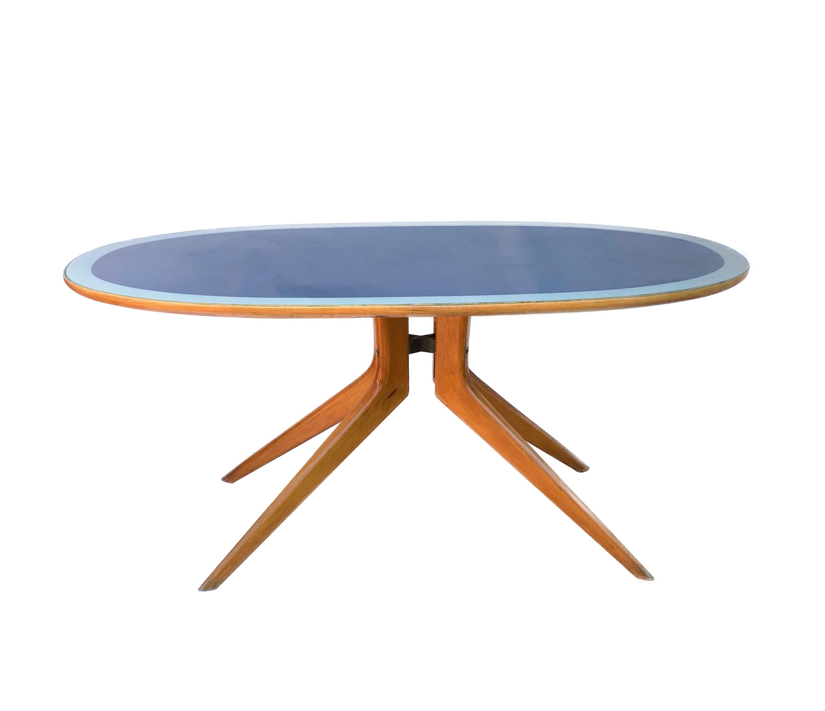Mid-20th Century Ico Parisi, Italian Table Oval Wood, Printed Glass Top Blue and Grey, Italy 1953