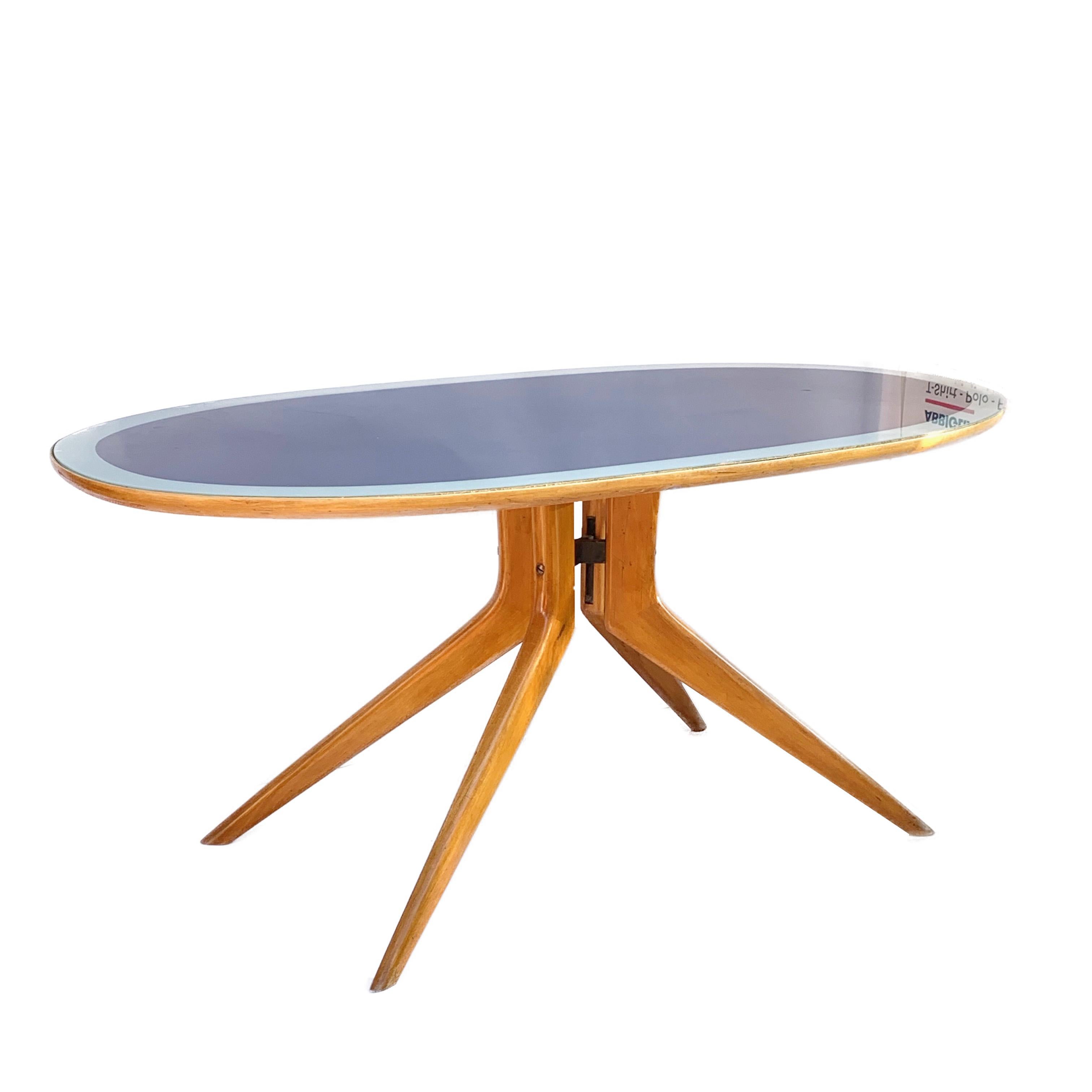 Ico Parisi, Italian Table Oval Wood, Printed Glass Top Blue and Grey, Italy 1953 2