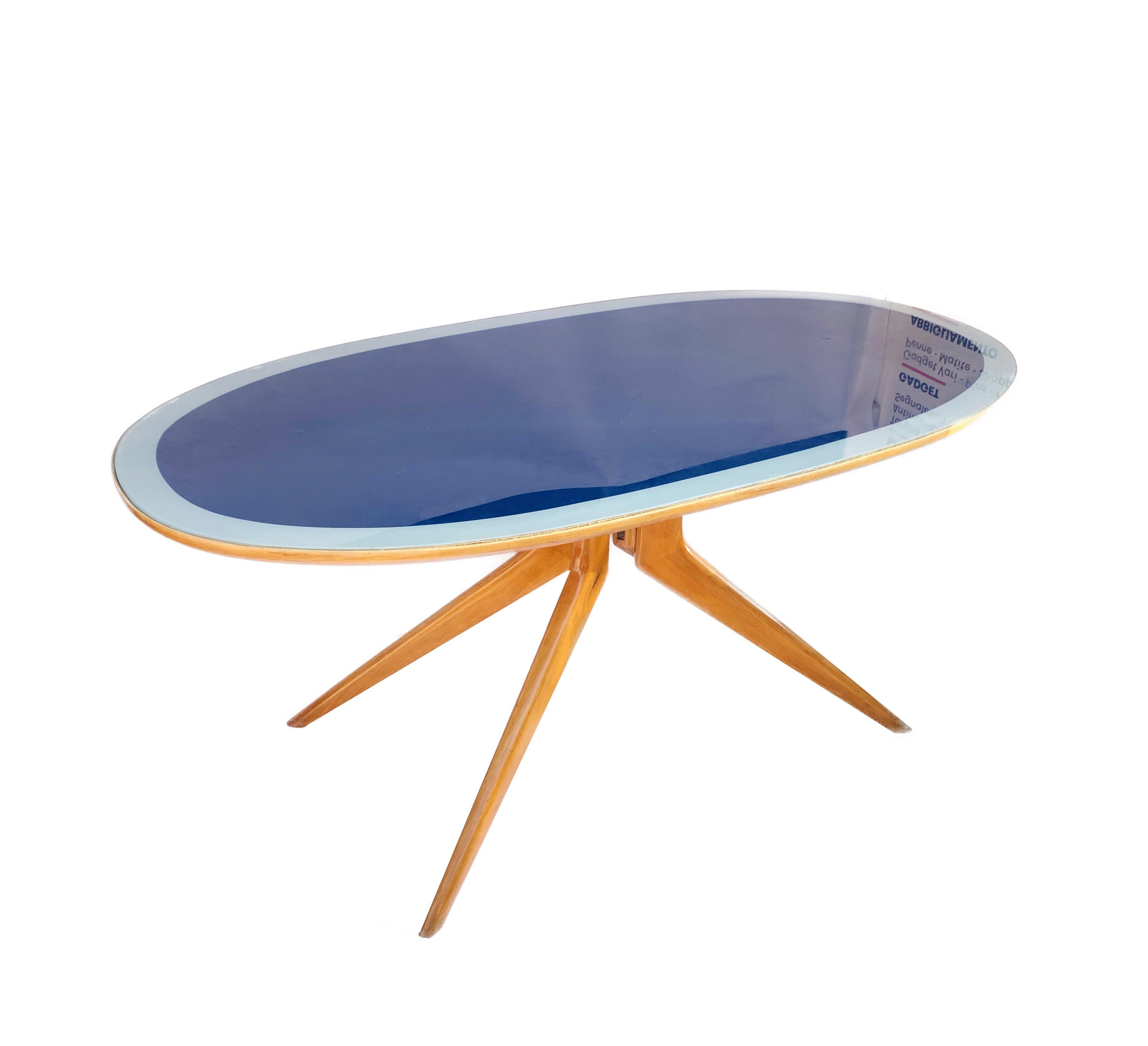 Ico Parisi, Italian Table Oval Wood, Printed Glass Top Blue and Grey, Italy 1953 4