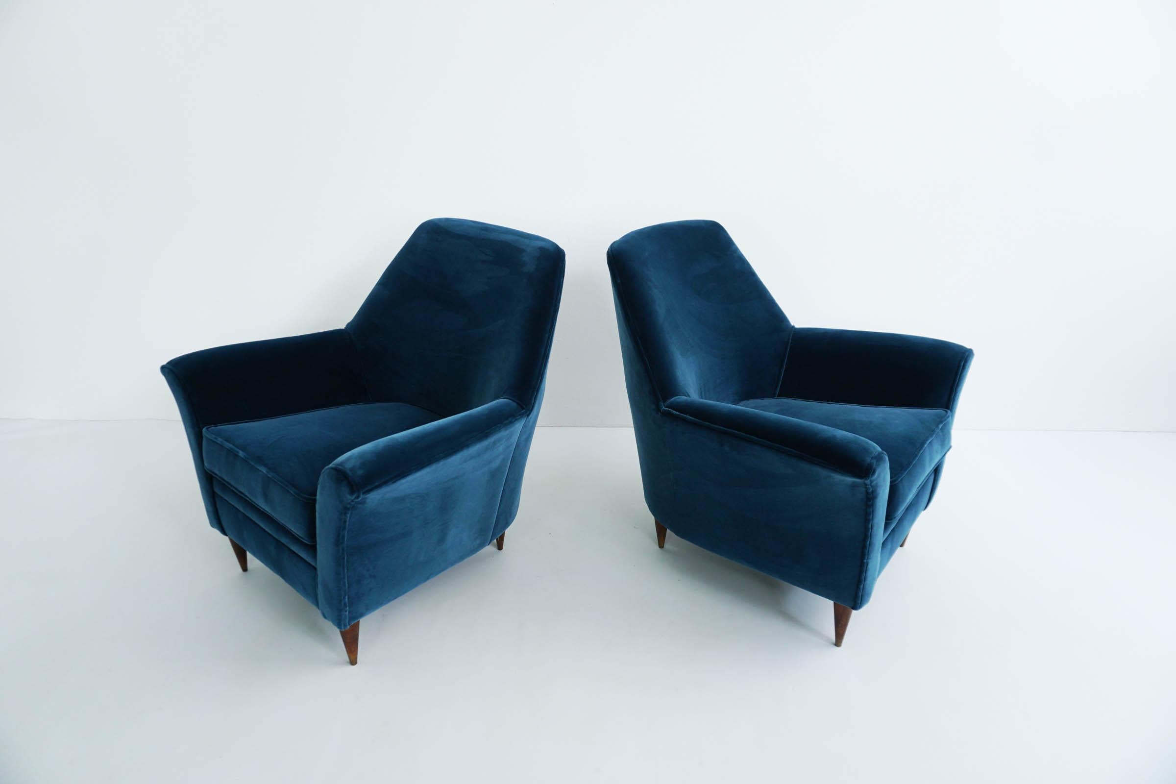 Mid-Century Modern Ico Parisi Lounge Chairs in Blue Lagoon Velvet