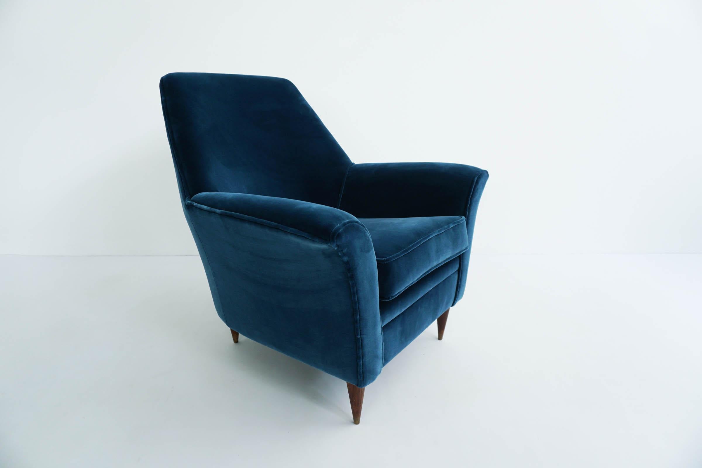 Italian Ico Parisi Lounge Chairs in Blue Lagoon Velvet