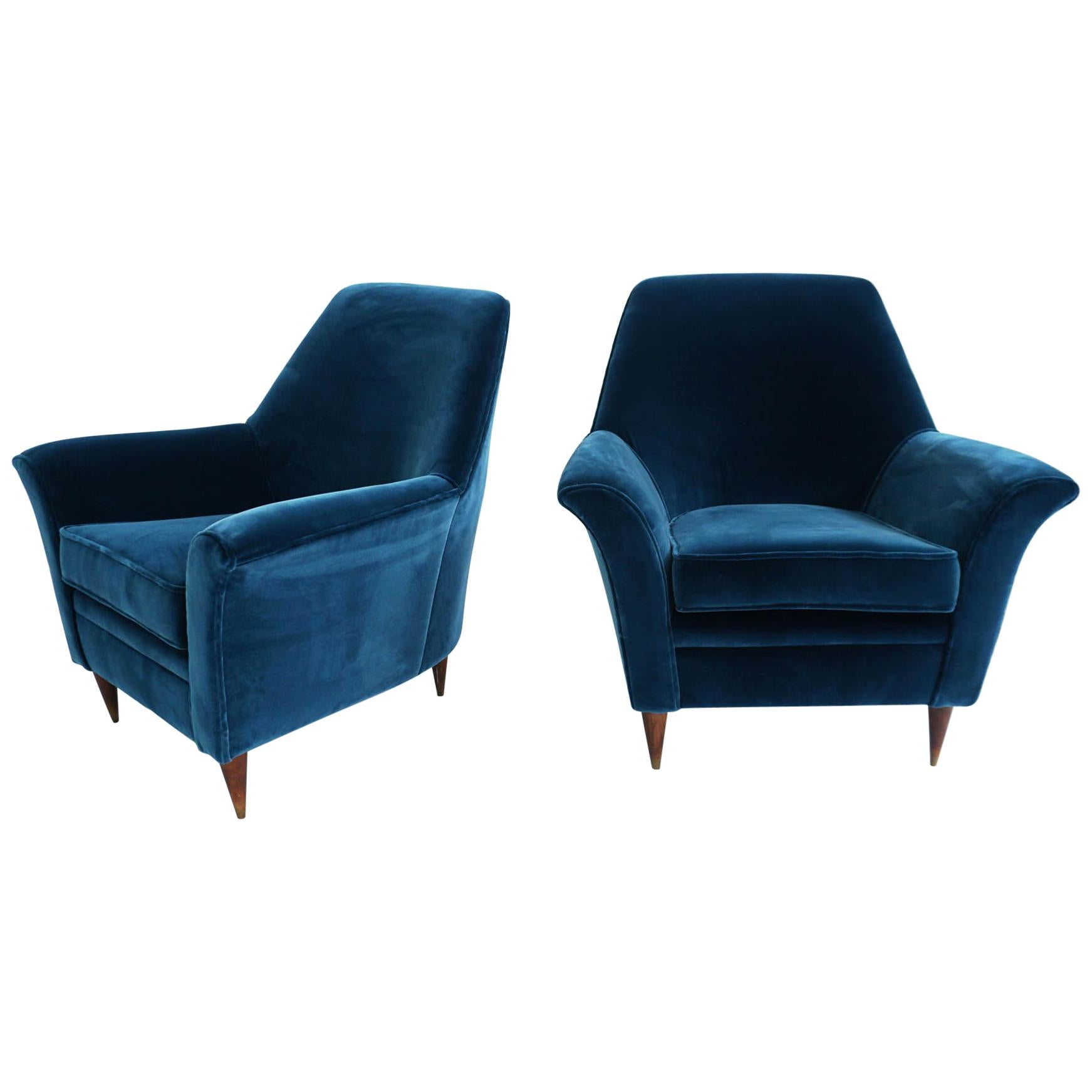 Ico Parisi Lounge Chairs in Blue Lagoon Velvet