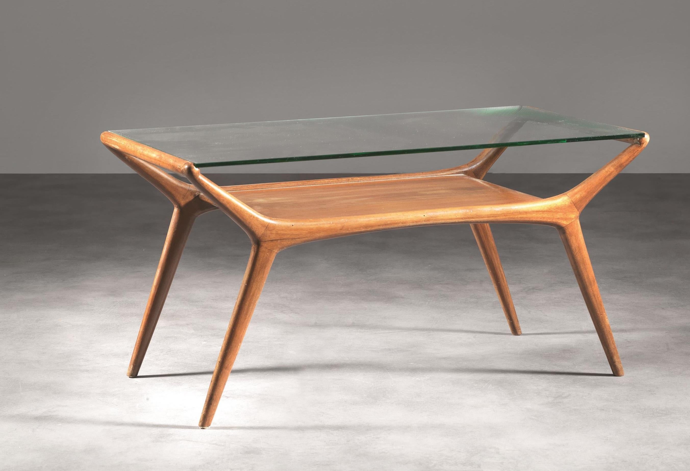 Small coffee table with a wooden structure and a glass shelf designed by Ico Parisi, Italian Manufacture, 1950 circa.
 