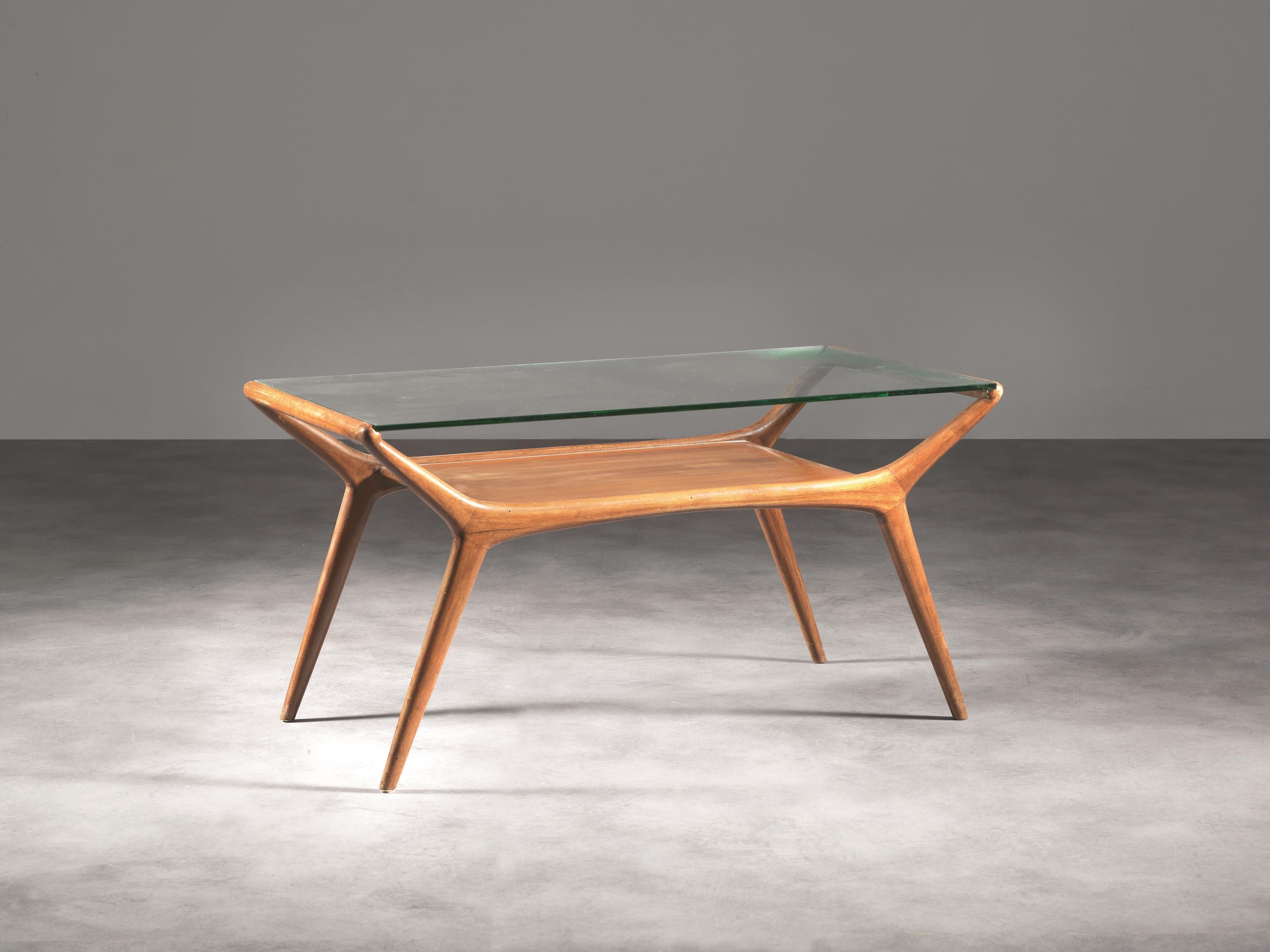 Mid-Century Modern Ico Parisi Low Table with Glass Shelf Italian Manufacture, 1950s