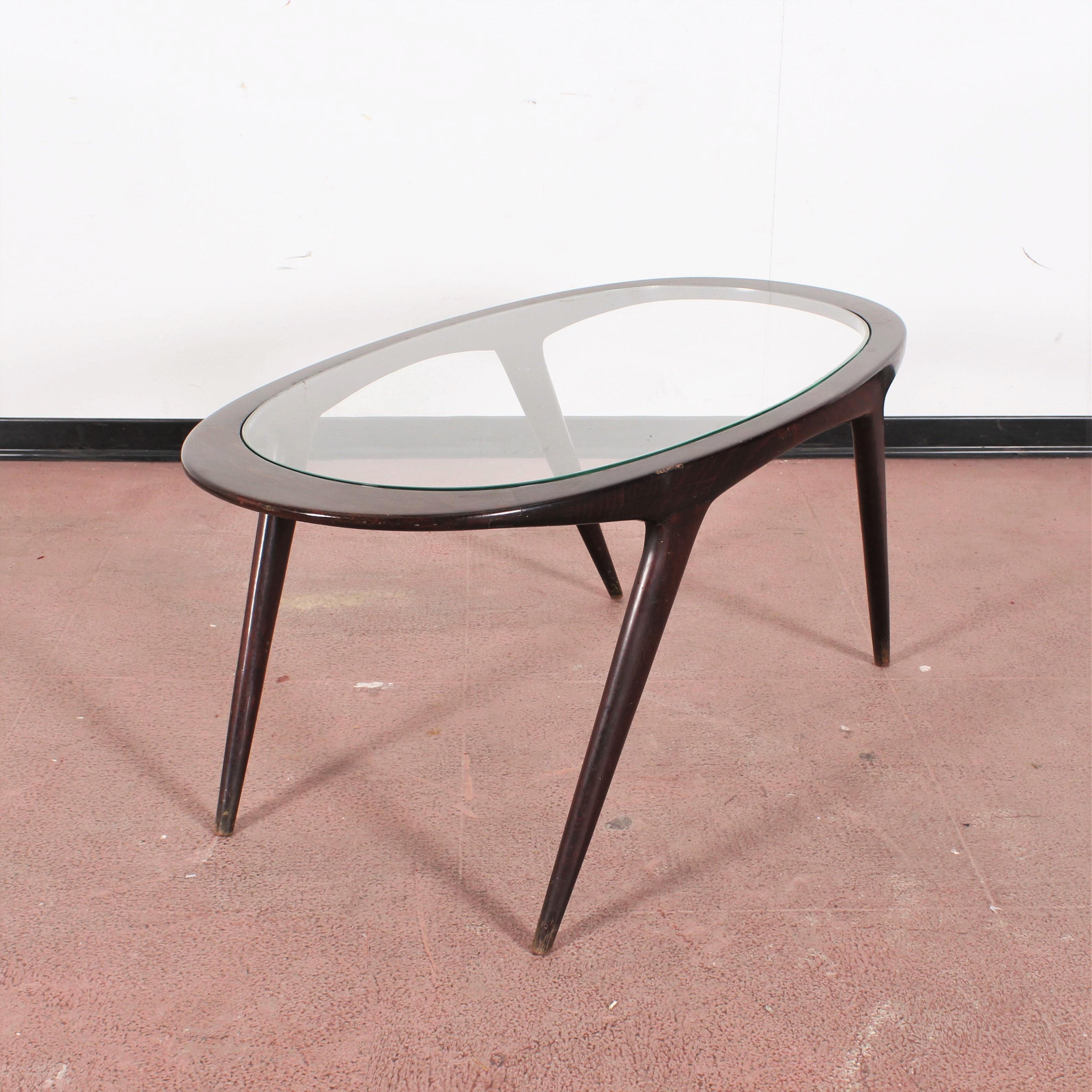 Ico Parisi Midcentury Dark Wood and Glass Oval Coffee Table, Italy, 1960s 4
