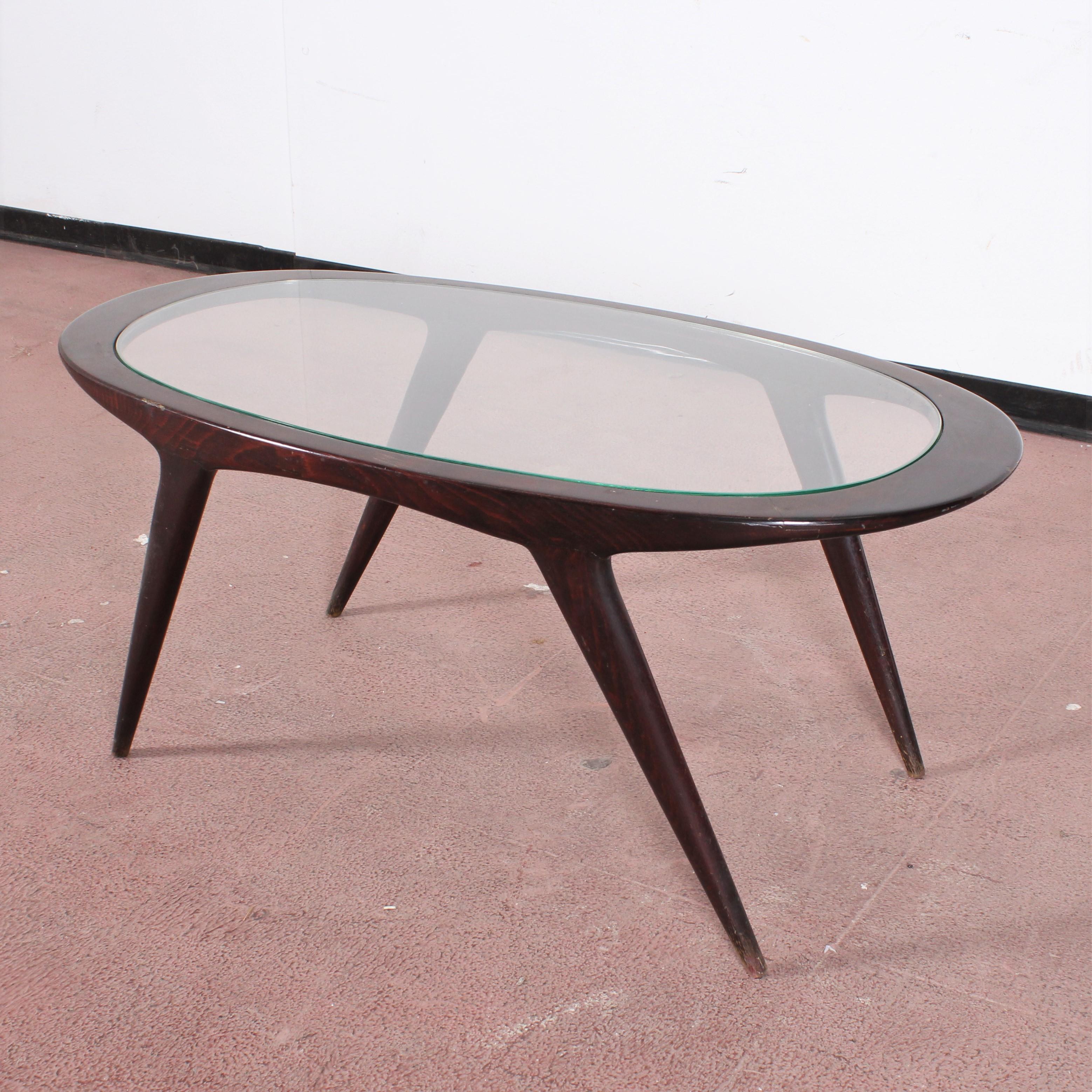 Ico Parisi Midcentury Dark Wood and Glass Oval Coffee Table, Italy, 1960s 5