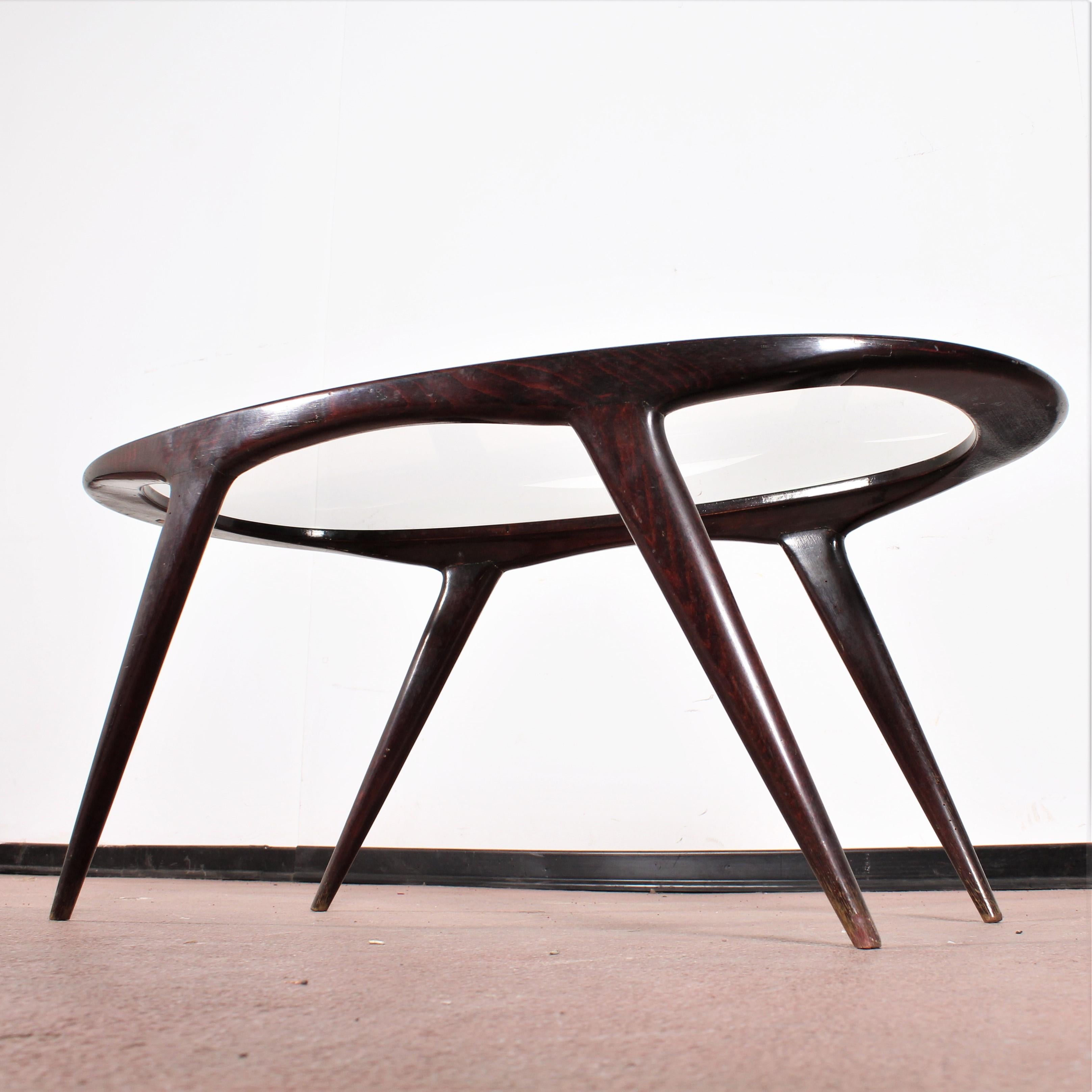 Ico Parisi Midcentury Dark Wood and Glass Oval Coffee Table, Italy, 1960s 7