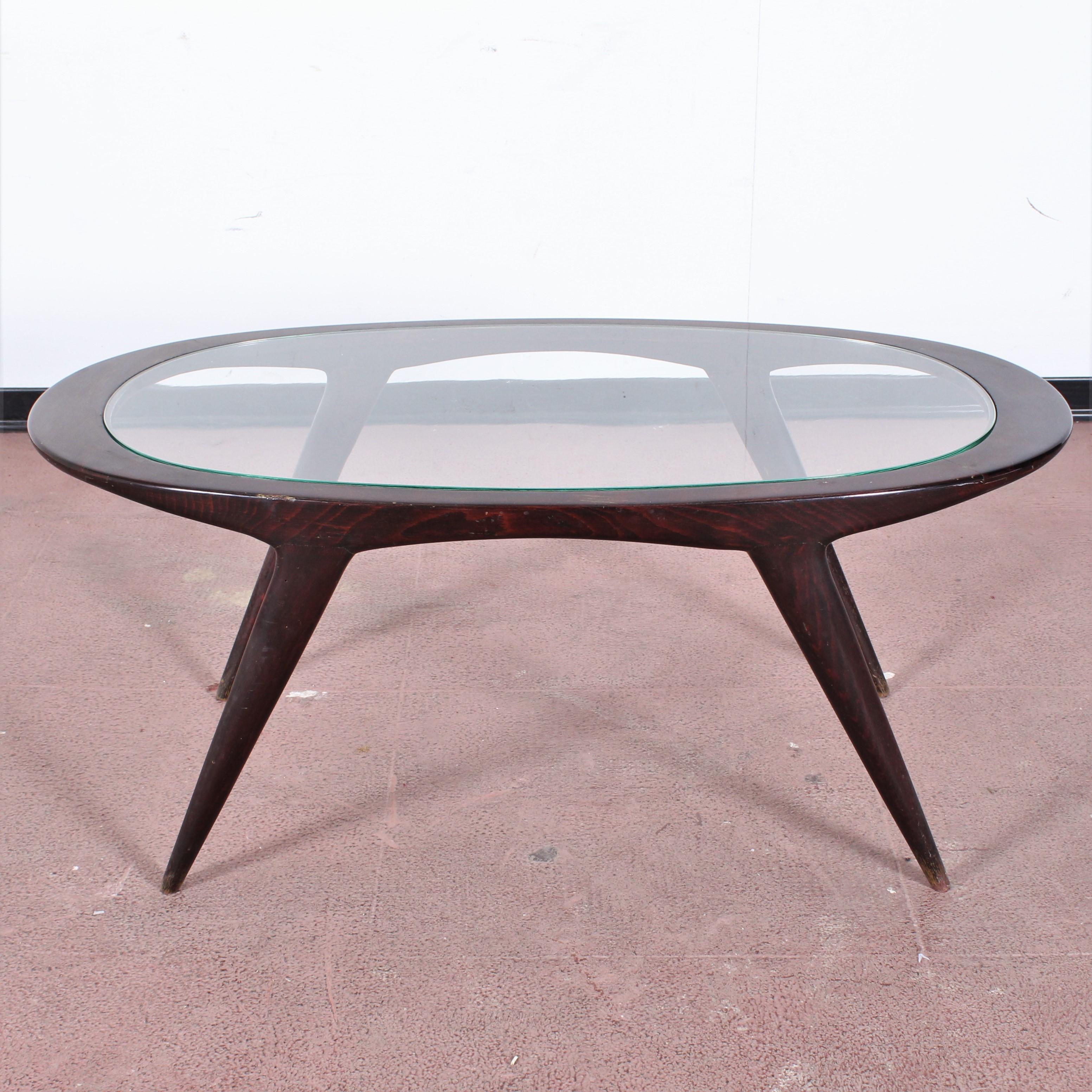 Mid-Century Modern Ico Parisi Midcentury Dark Wood and Glass Oval Coffee Table, Italy, 1960s