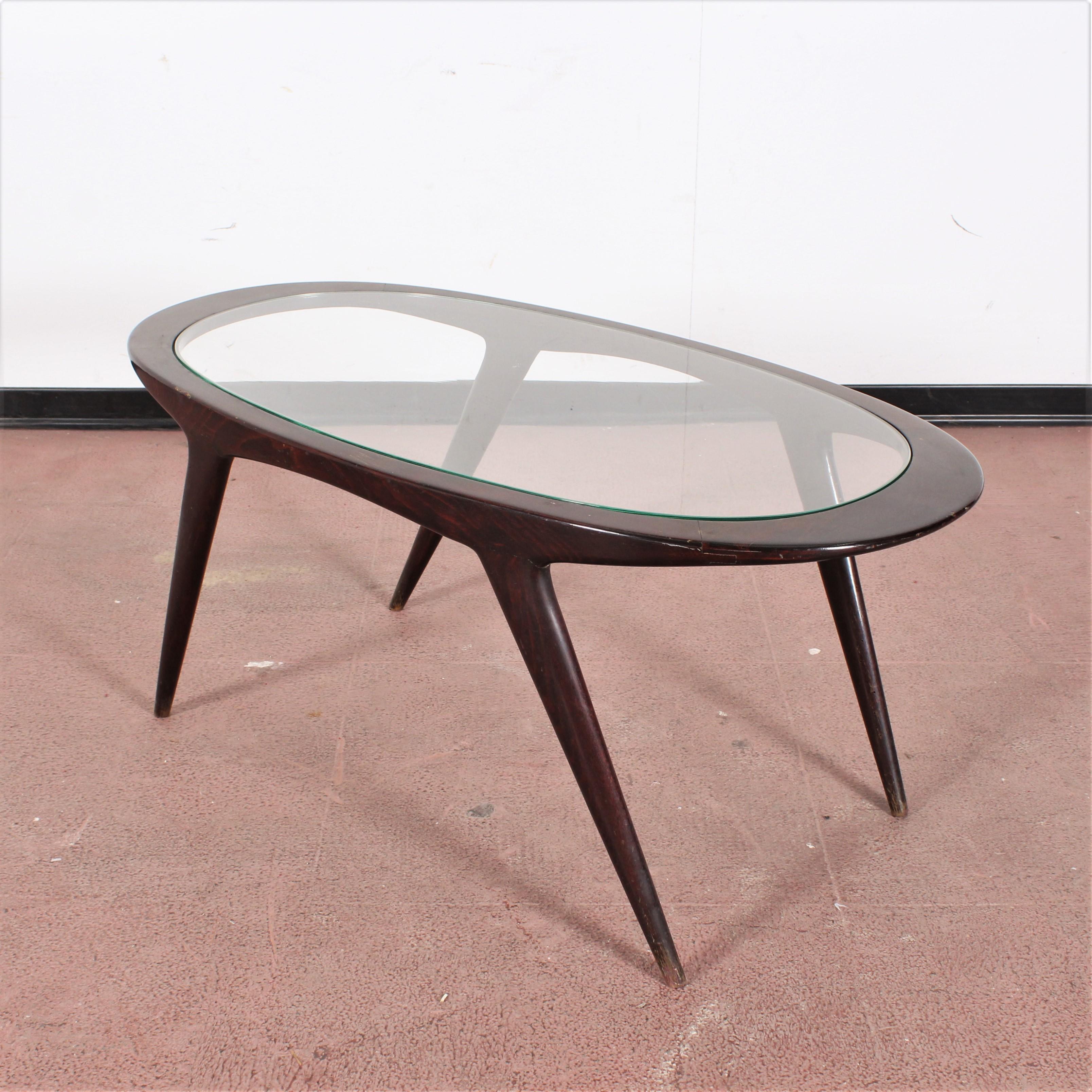 Italian Ico Parisi Midcentury Dark Wood and Glass Oval Coffee Table, Italy, 1960s