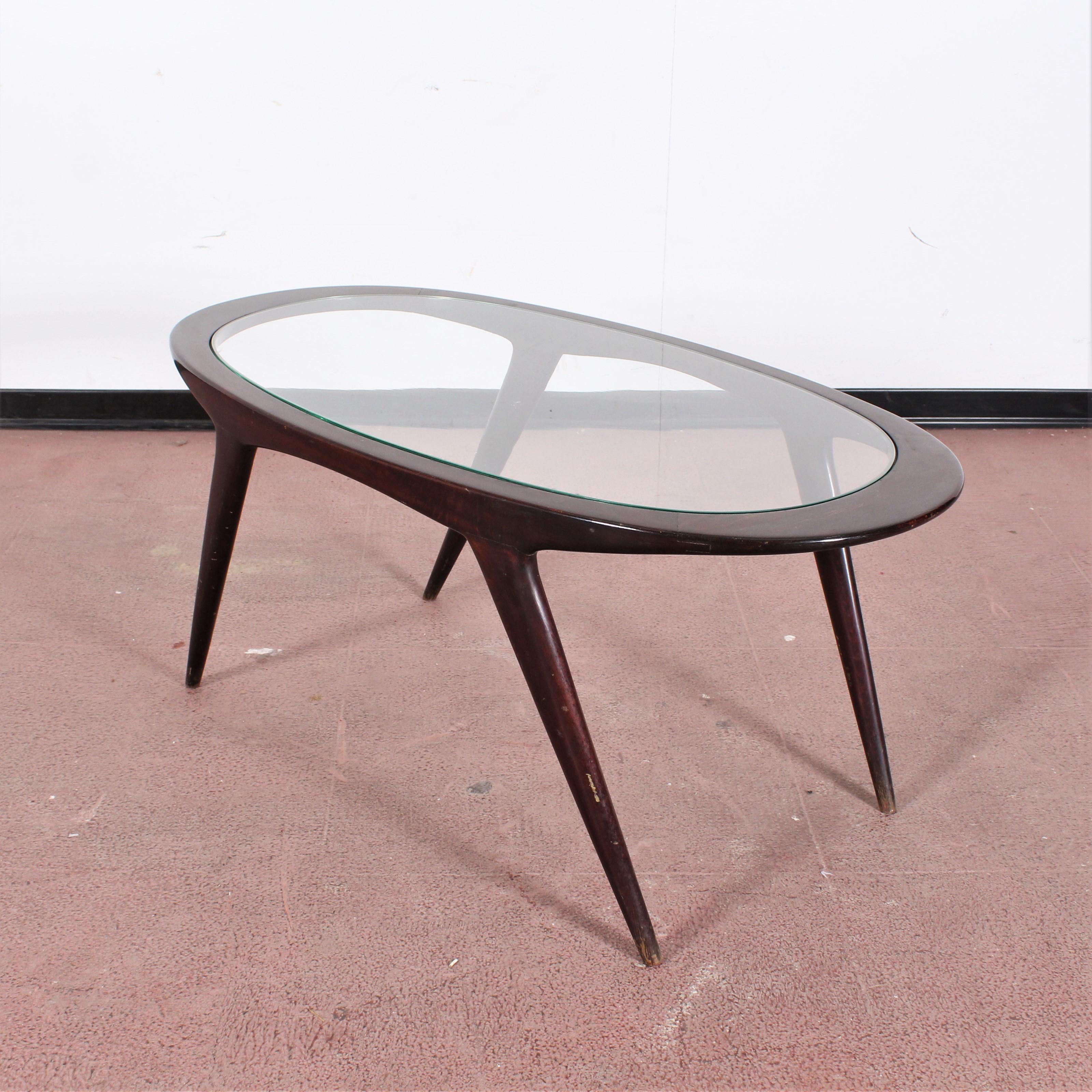 Ico Parisi Midcentury Dark Wood and Glass Oval Coffee Table, Italy, 1960s 2