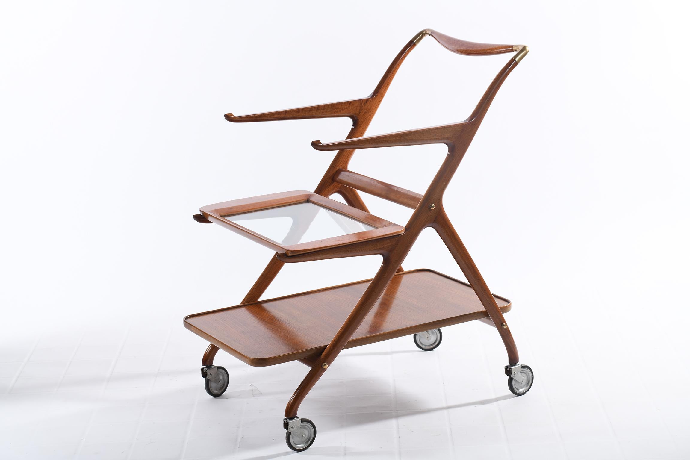 Wood Ico Parisi Mid Century Italian Cart Three Removable Trays N°65  For Sale