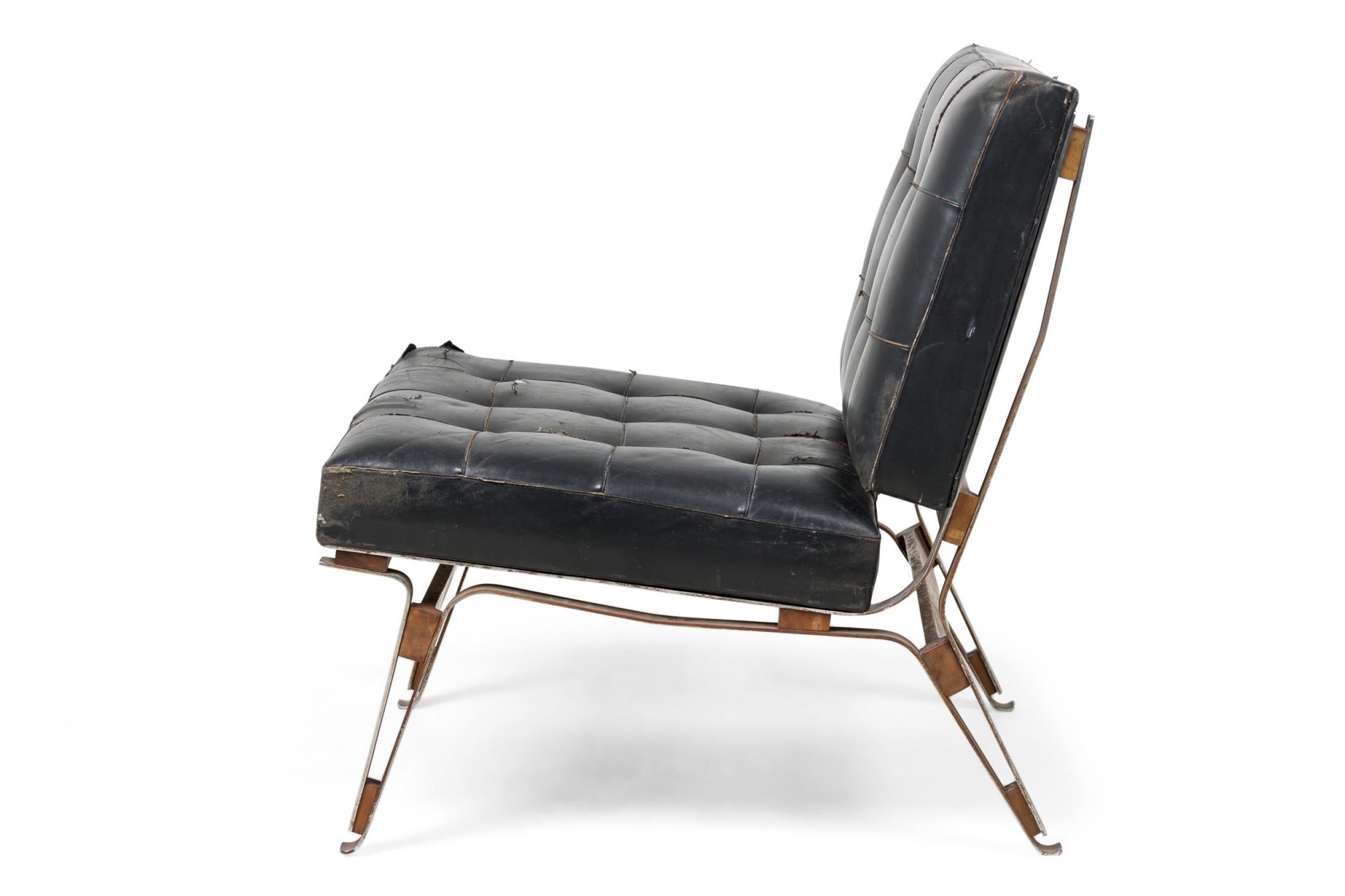 Mid-Century Modern Ico Parisi Midcentury Italian Metal & Black Leather Upholstered Slipper Chair For Sale