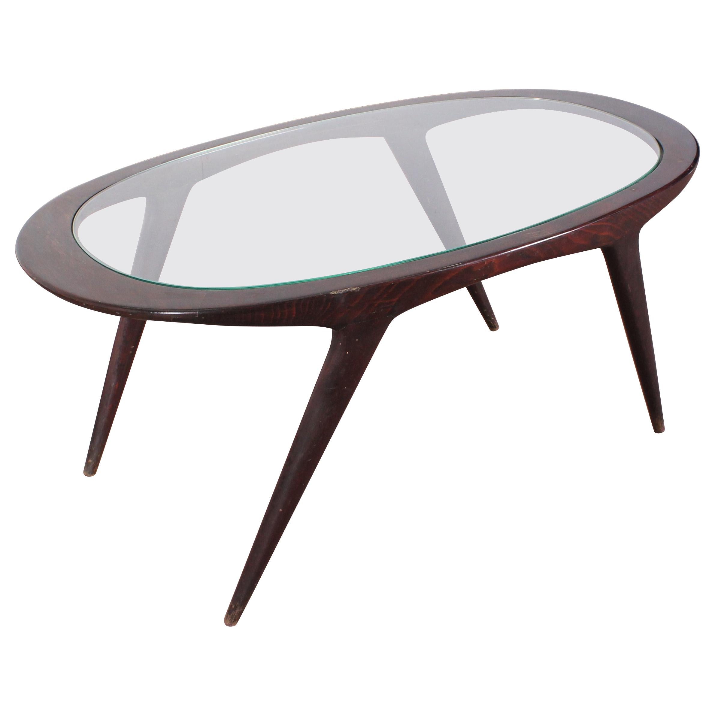 Ico Parisi Midcentury Dark Wood and Glass Oval Coffee Table, Italy, 1960s
