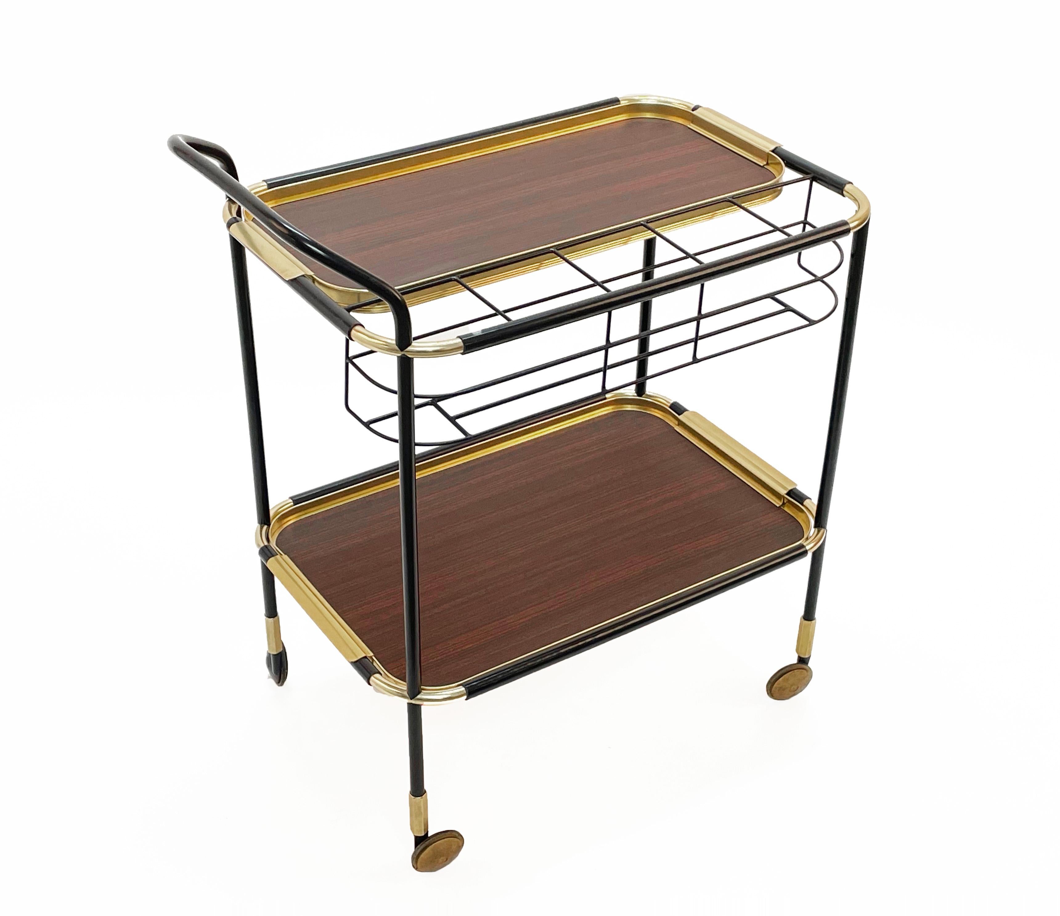 Lacquered Ico Parisi Mid-Century Mahogany Bar Cart with Trays and Bottle Holder, MB 1960s For Sale