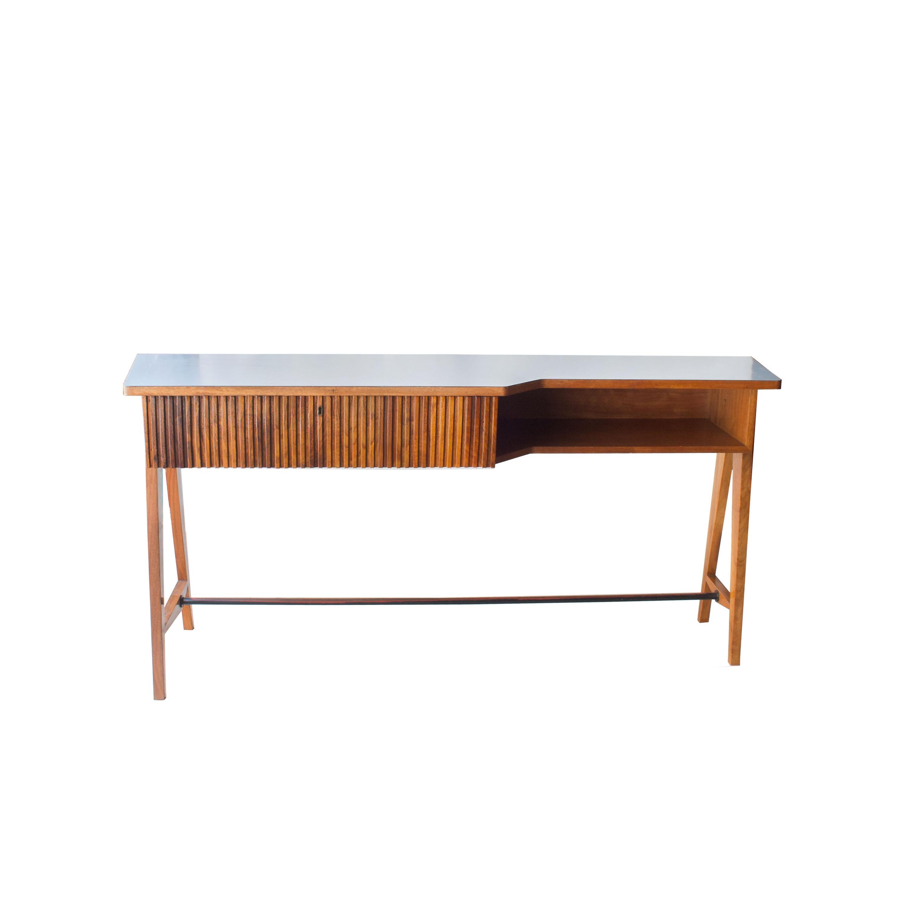 Desk/Consol attributed to Ico Parisi. Compass-shaped legs made of walnut and top covered with light blue melamine. Carved mahogany wood drawer with latch.