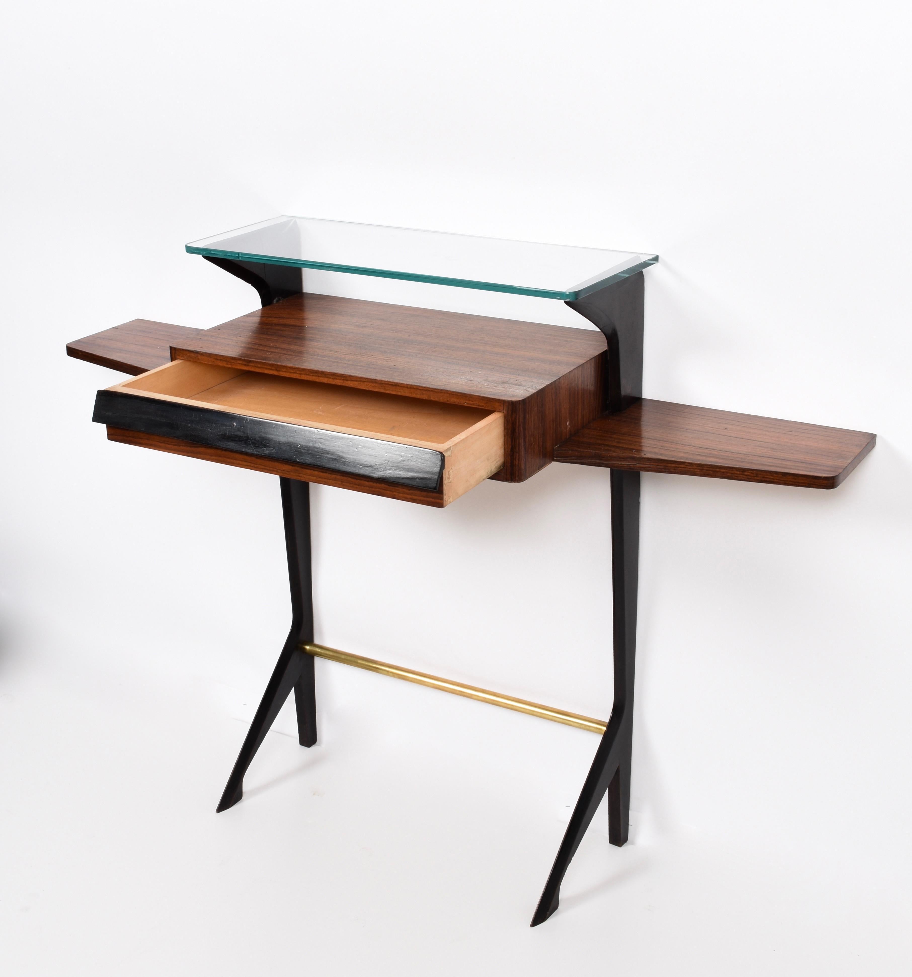 Lacquered Ico Parisi Midcentury Wood, Brass and Glass Italian Console Table, 1950s
