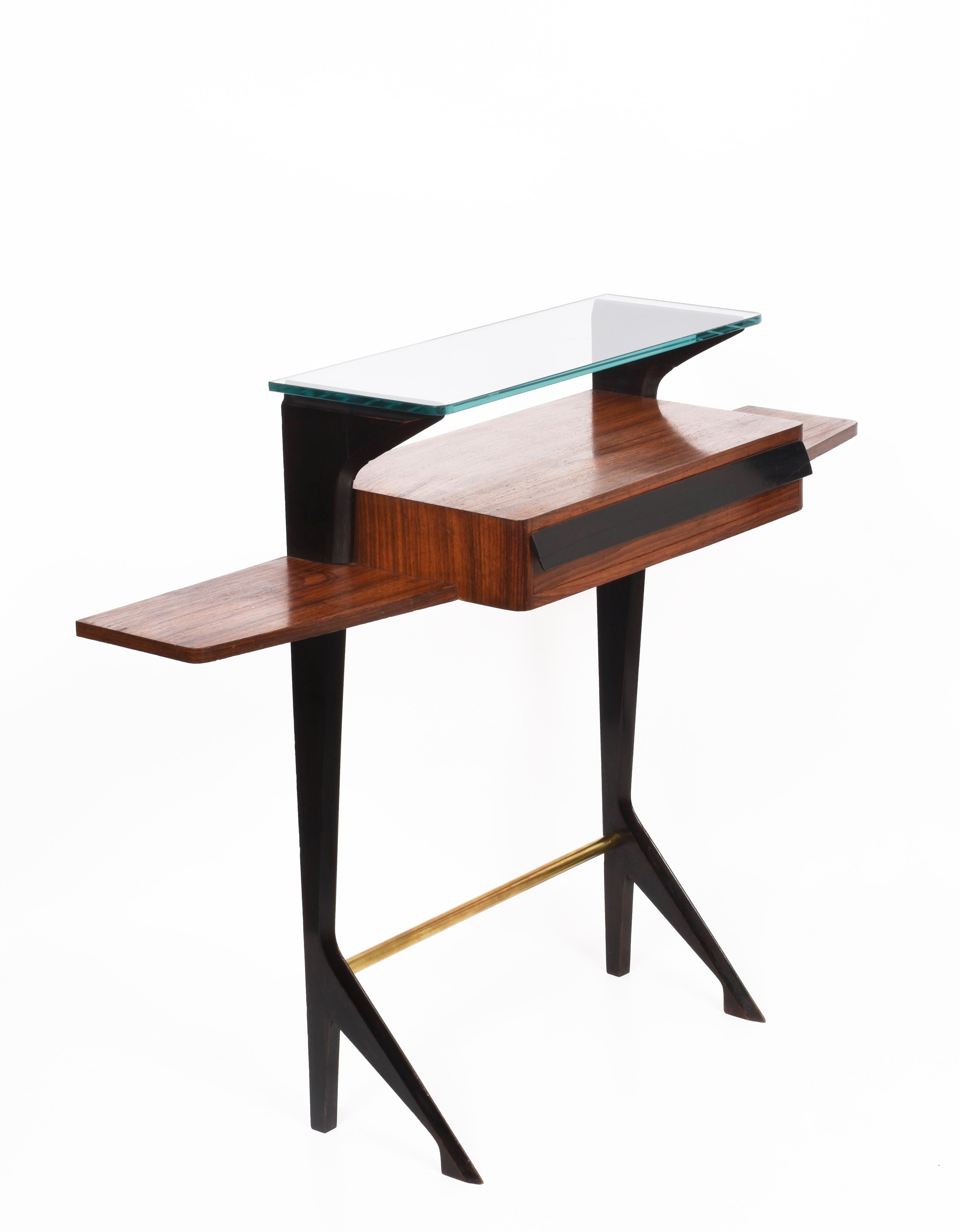 Ico Parisi Midcentury Wood, Brass and Glass Italian Console Table, 1950s 1
