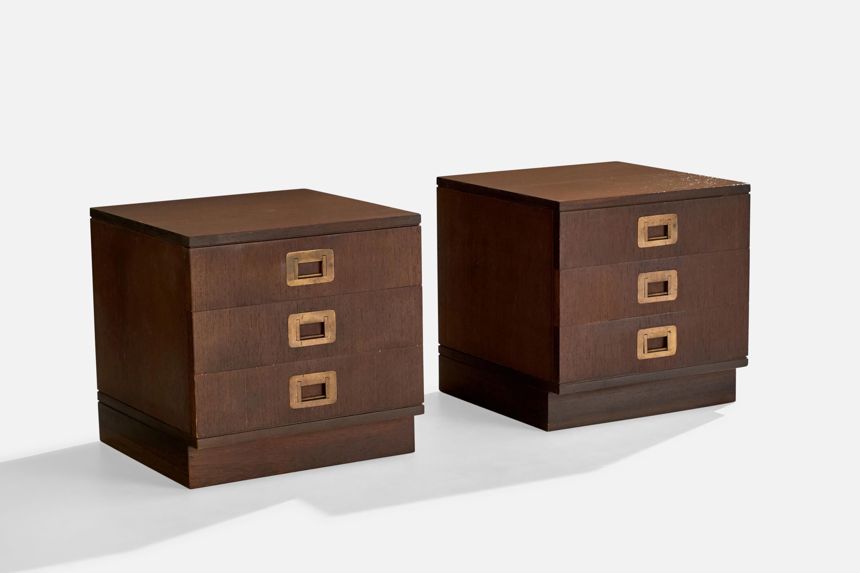 A pair of dark-stained wood and brass nightstands designed by Ico Parisi and produced by Colombo e Clerici, Italy, 1960s.

