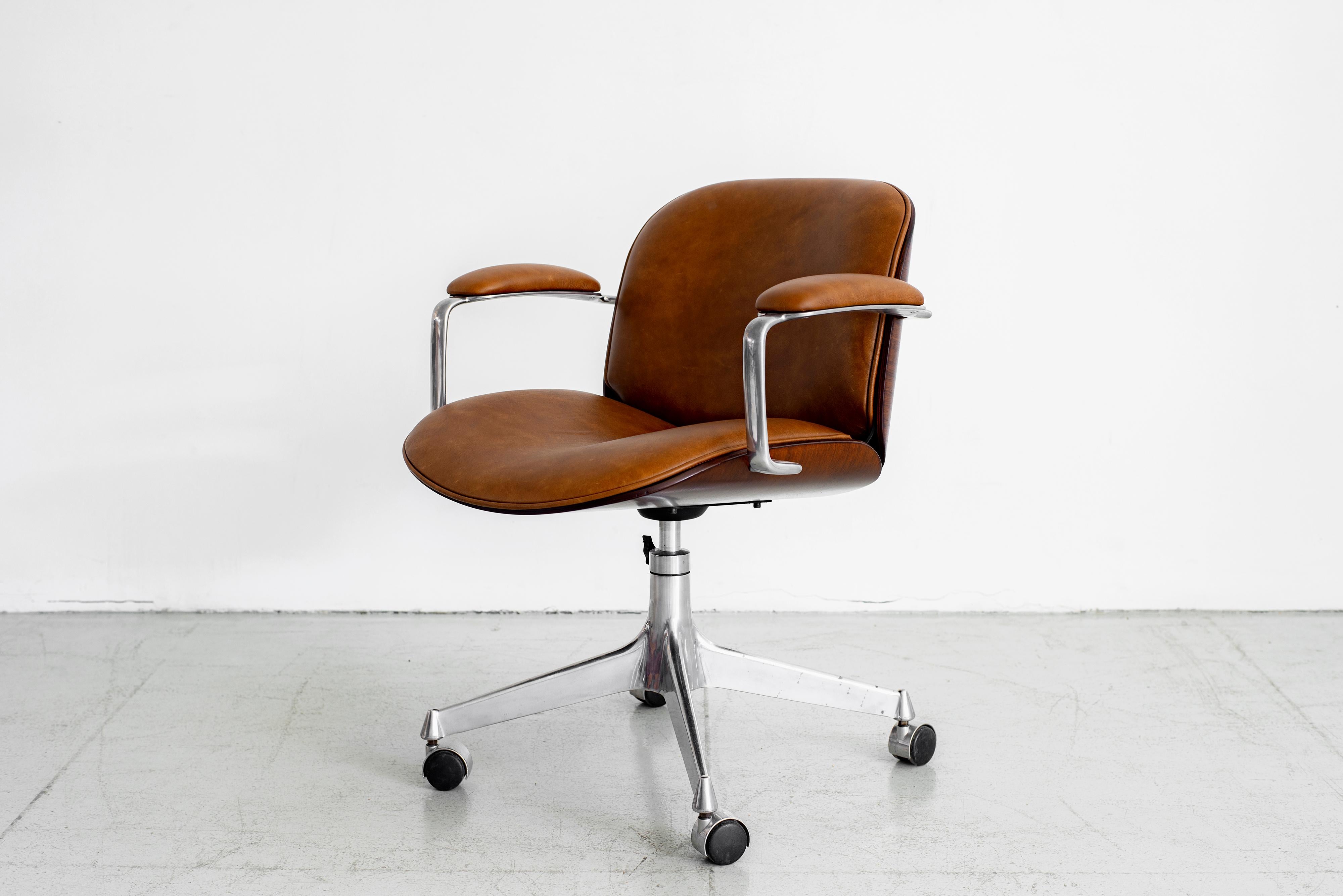 Plywood Ico Parisi Office Chair, Brown Leather