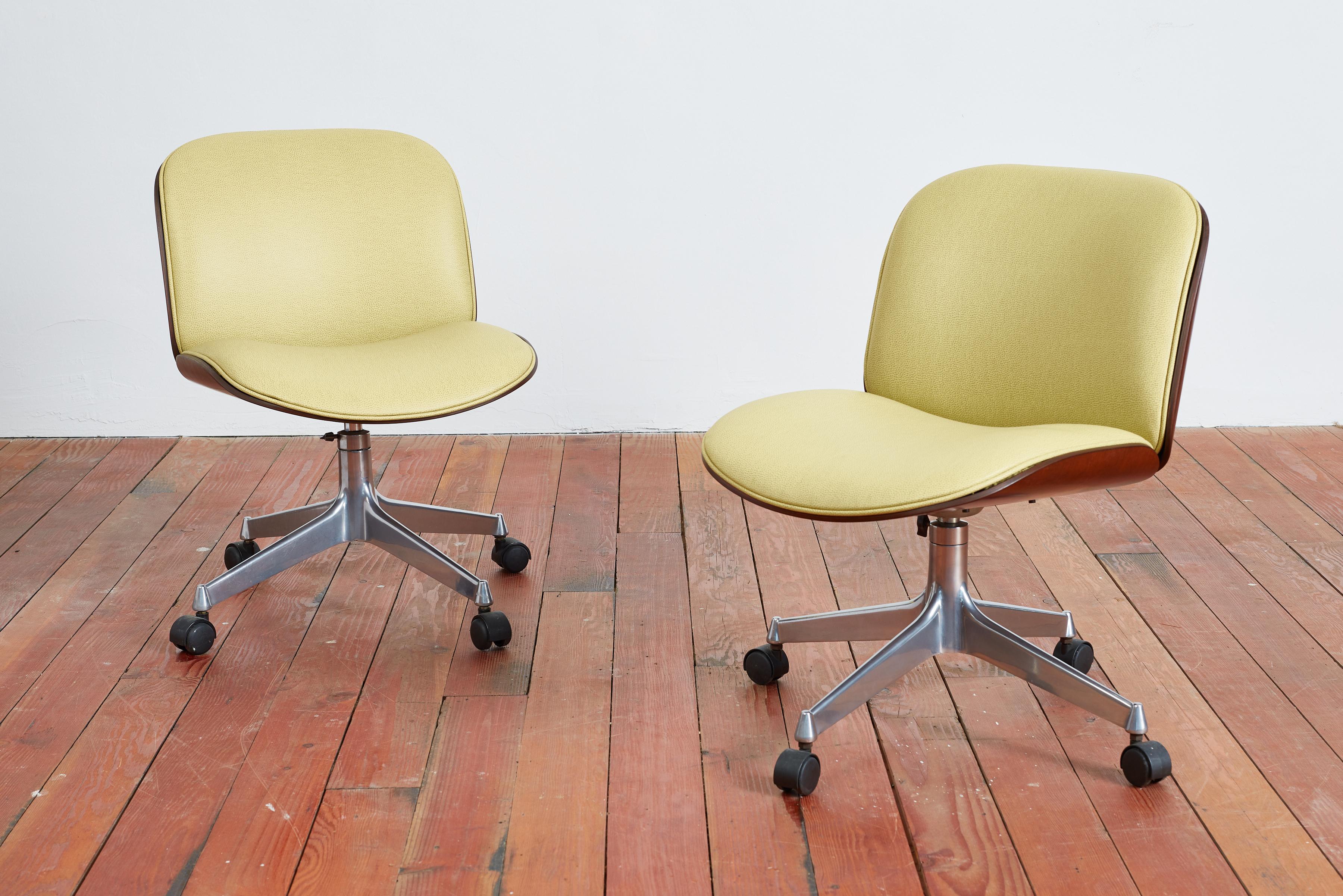 Office chair by Ico Parisi for MIM, circa 1960s. 
Aluminum base with curved plywood back and newly upholstered leather seat. 
Multiple quantity available - Priced individually.
