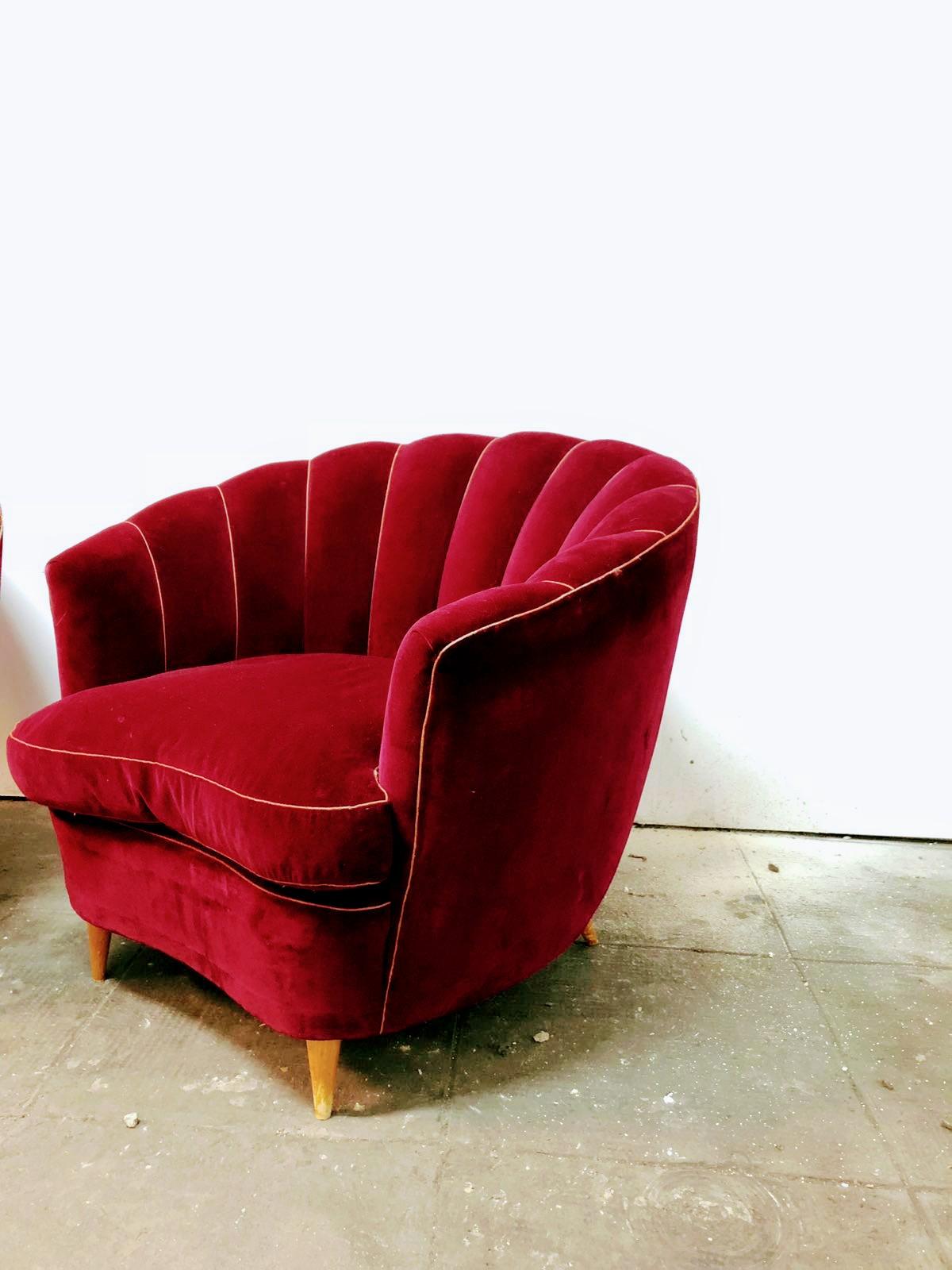 Mid-Century Modern Ico Parisi Pairs of Armchairs Seeshell Red Velvet and Wooden Feets