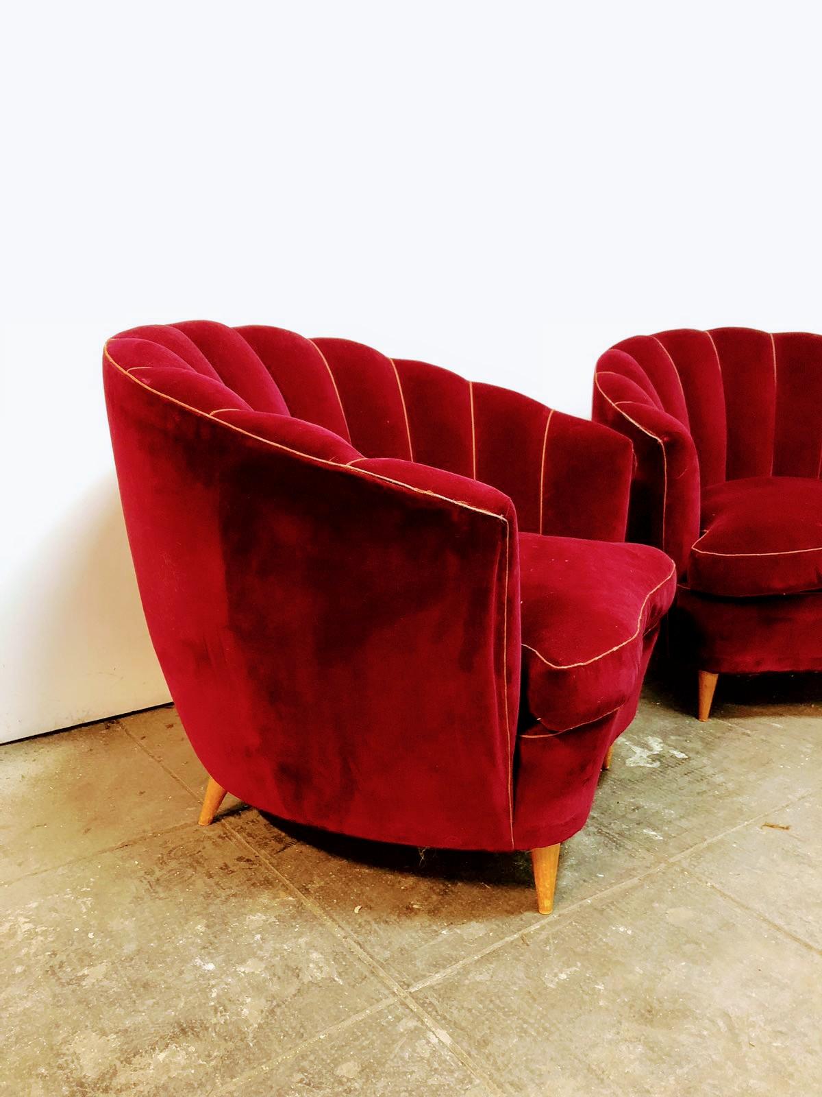 Italian Ico Parisi Pairs of Armchairs Seeshell Red Velvet and Wooden Feets