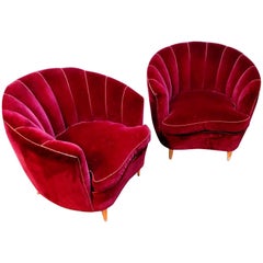 Ico Parisi Pairs of Armchairs Seeshell Red Velvet and Wooden Feets