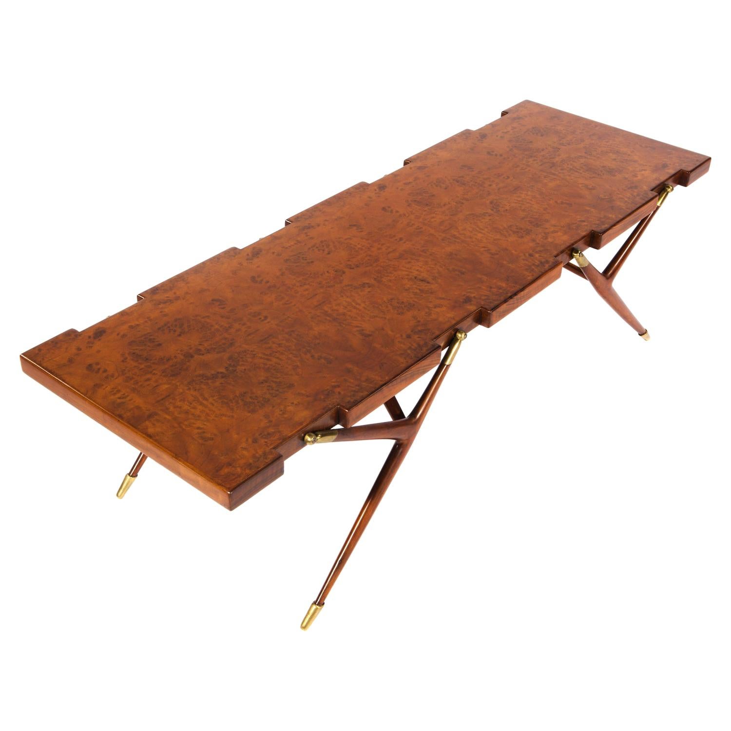 Ico Parisi Sculptural Coffee Table in Burled Walnut with Brass Fittings, 1950s