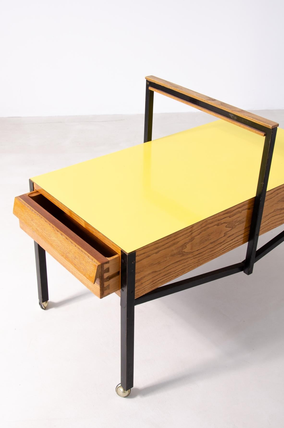 Italian Ico Parisi, Set Consisting of a Small Desk with Chair and Coffee Table on Wheels