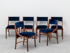 Ico Parisi Set of 6 Midcentury Chairs in Blue Velvet for Spartaco Brugnoli 1960s