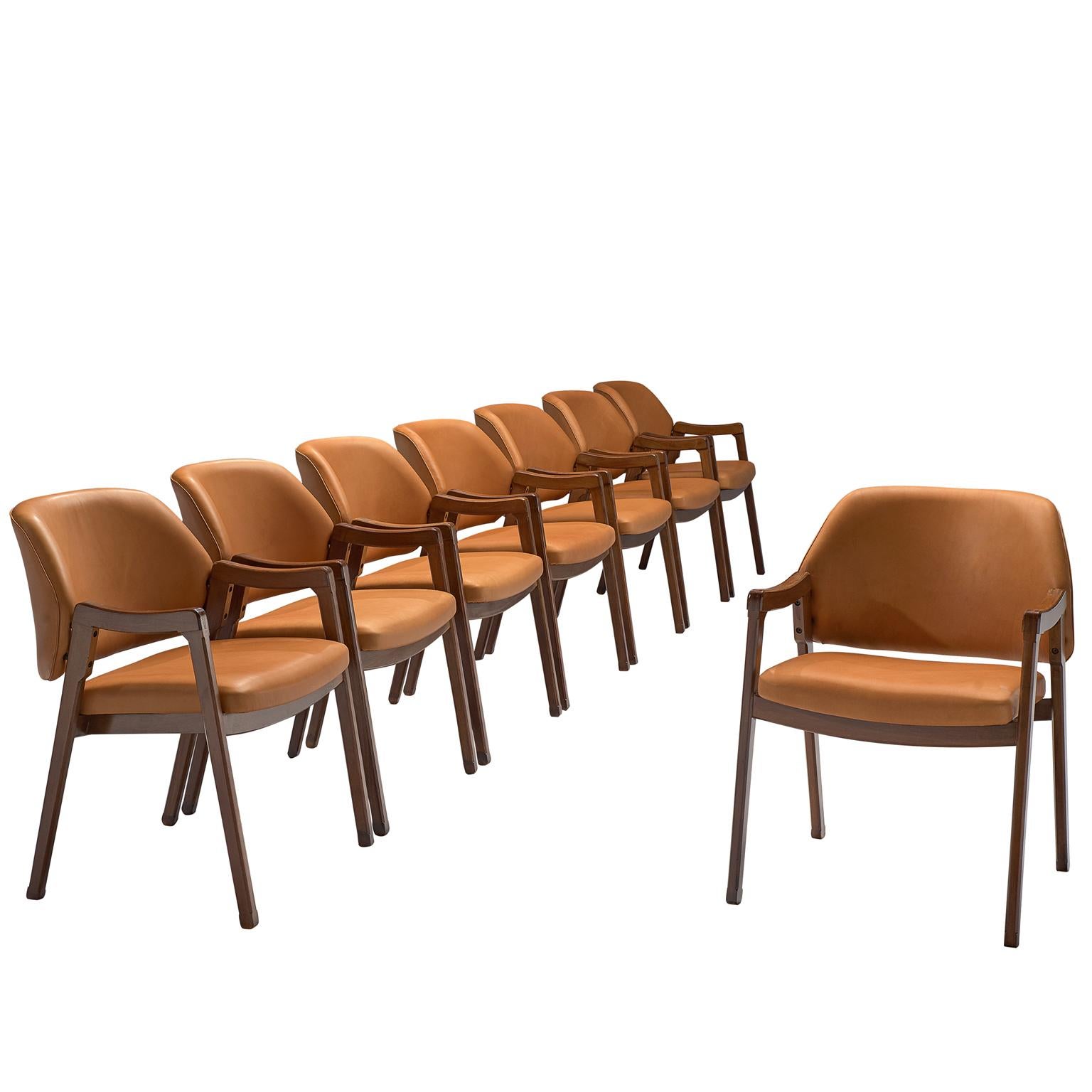 Ico Parisi Set of Eight Armchairs Reupholstered in Cognac Leather