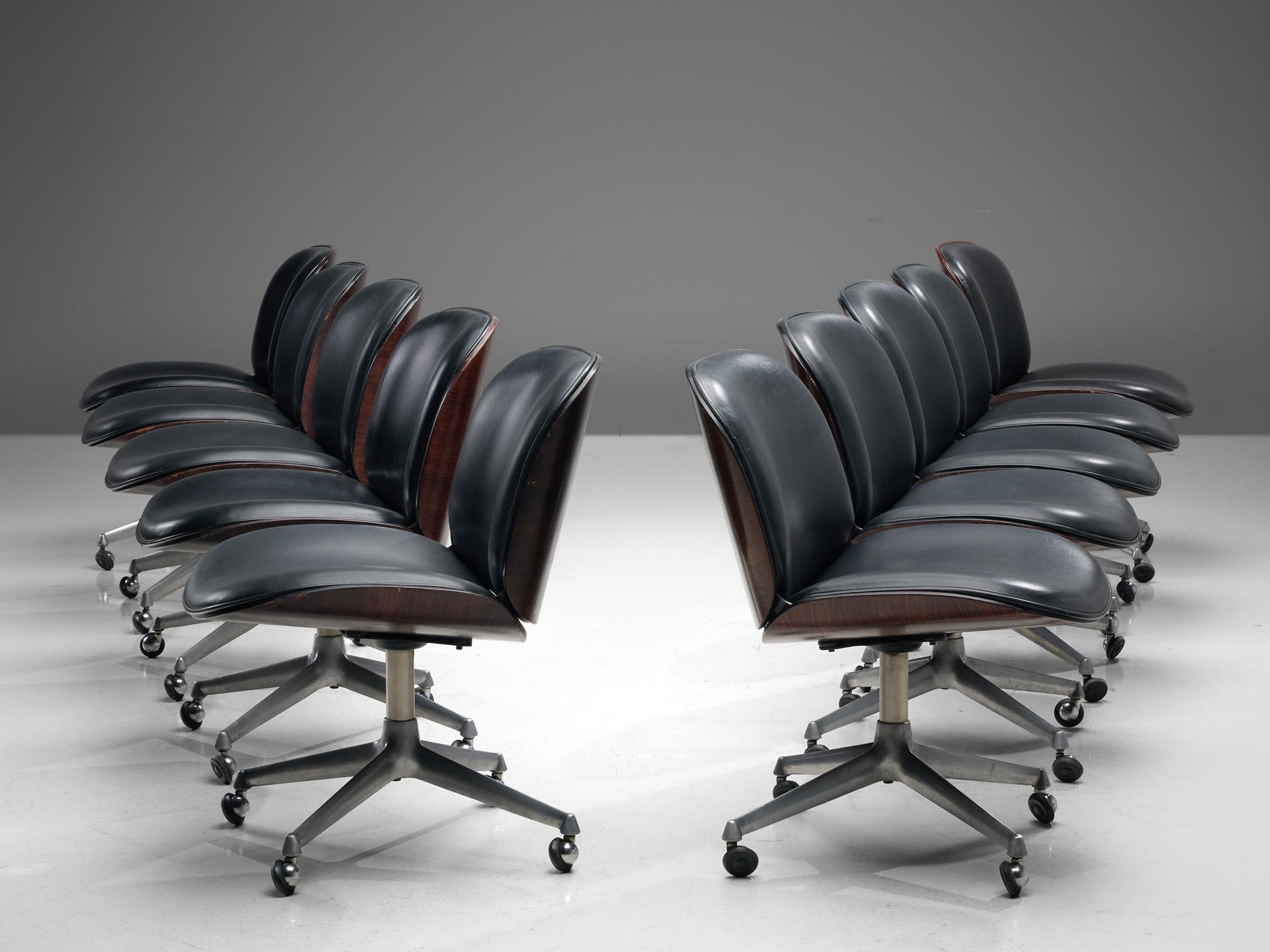 Mid-Century Modern Ico Parisi Set of Ten Swivel Chairs in Rosewood and Leatherette