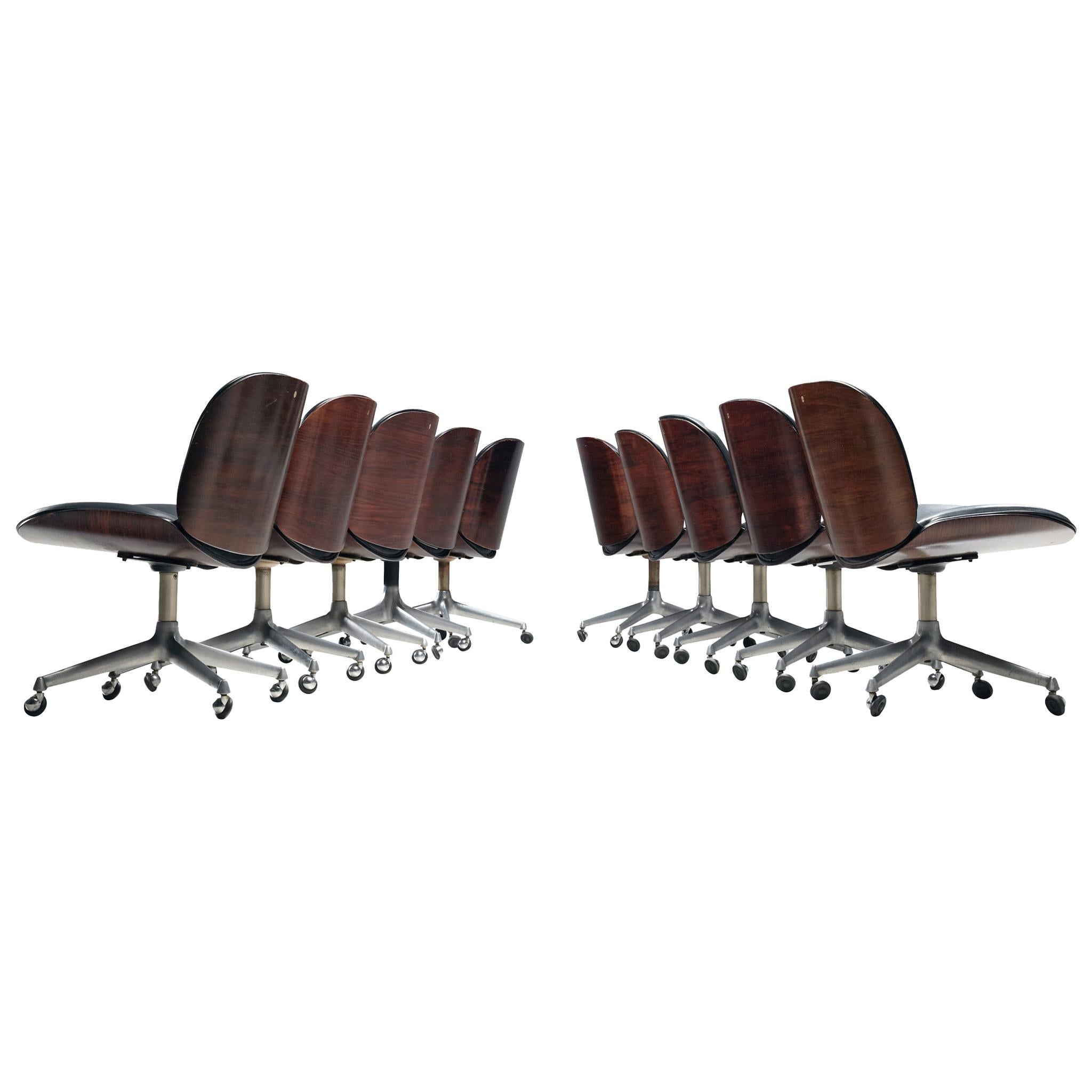 Ico Parisi Set of Ten Swivel Chairs in Rosewood and Leatherette