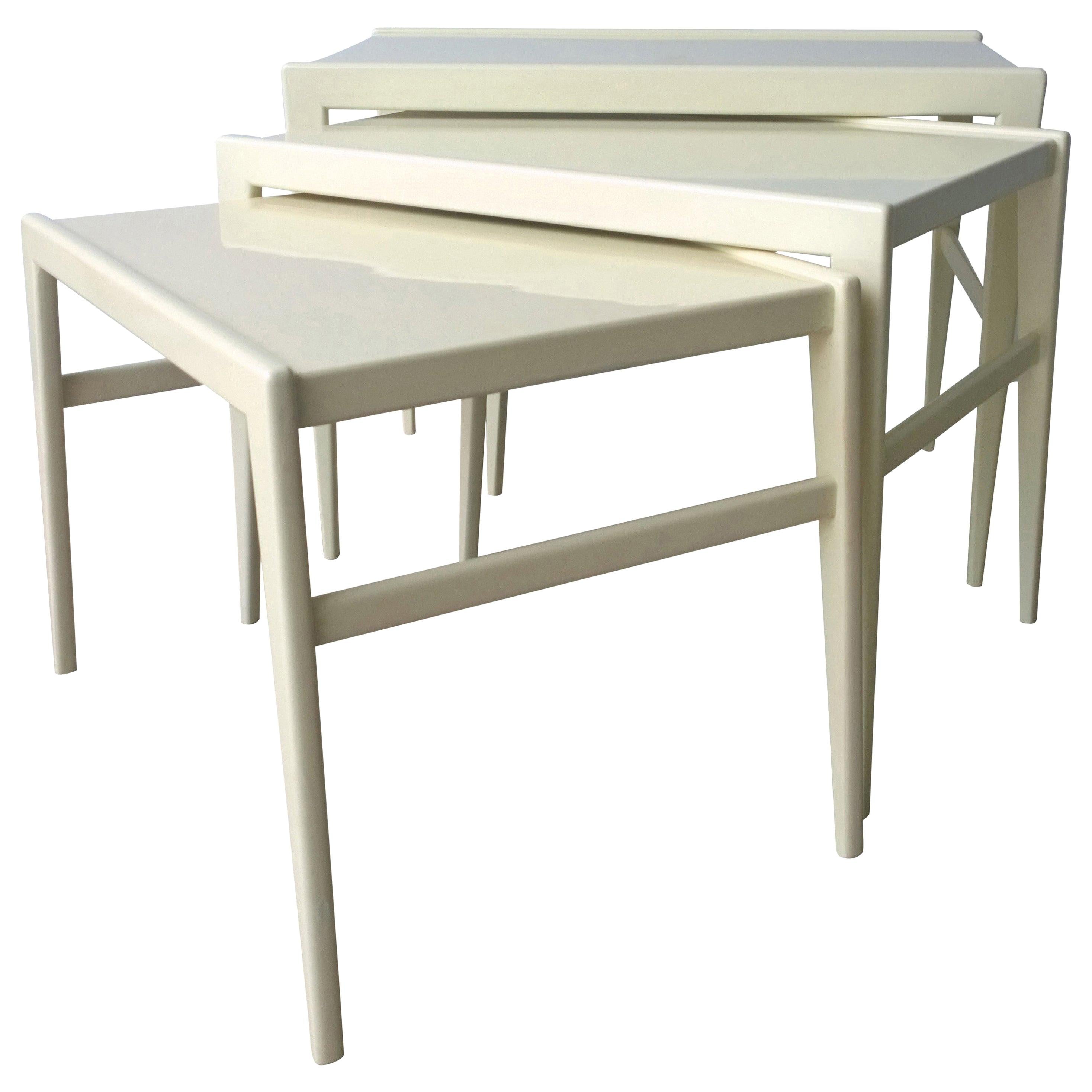 Ico Parisi / Singer & Son New Lacquer in Creamy White Wood S/3 Stacking Tables For Sale