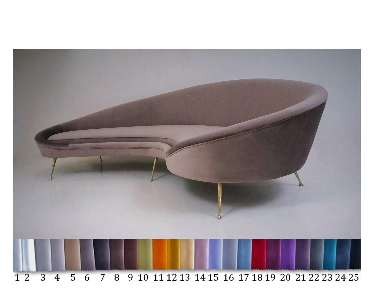 Ico Parisi sofa 1950s style in new velvet upholstery, Italian.

In new 'Greige' color velvet upholstery with solid handmade brass legs, Italian. Made exclusively for our Contemporary Collection.

Also available to order in a choice of 25 colors of