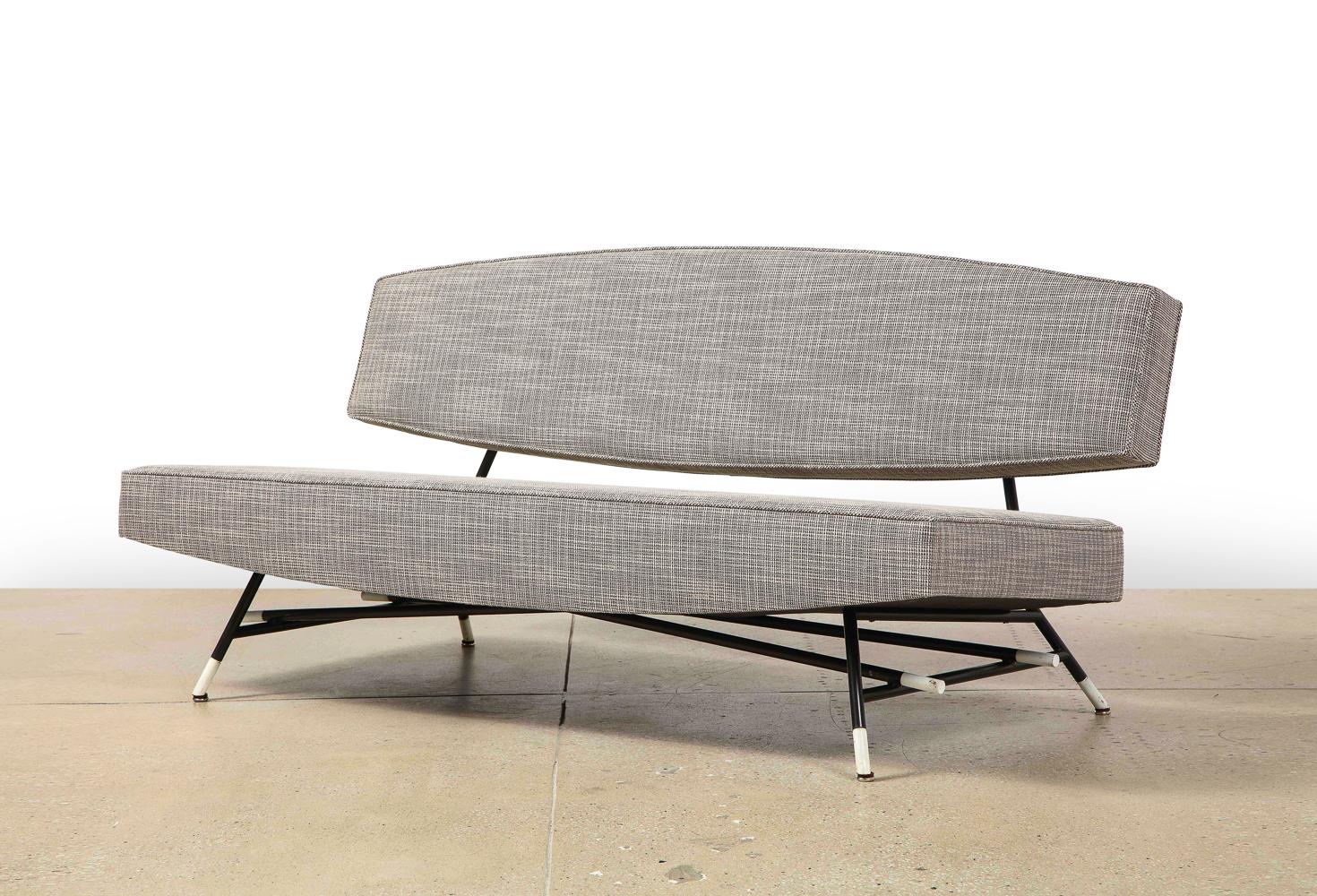 Rare 865 sofa by Ico Parisi for Cassina. Black & white painted steel, fabric. Produced by Cassina. Recently re-upholstered. Metal appears to have been re-painted at some point, but shows overall signs of wear.