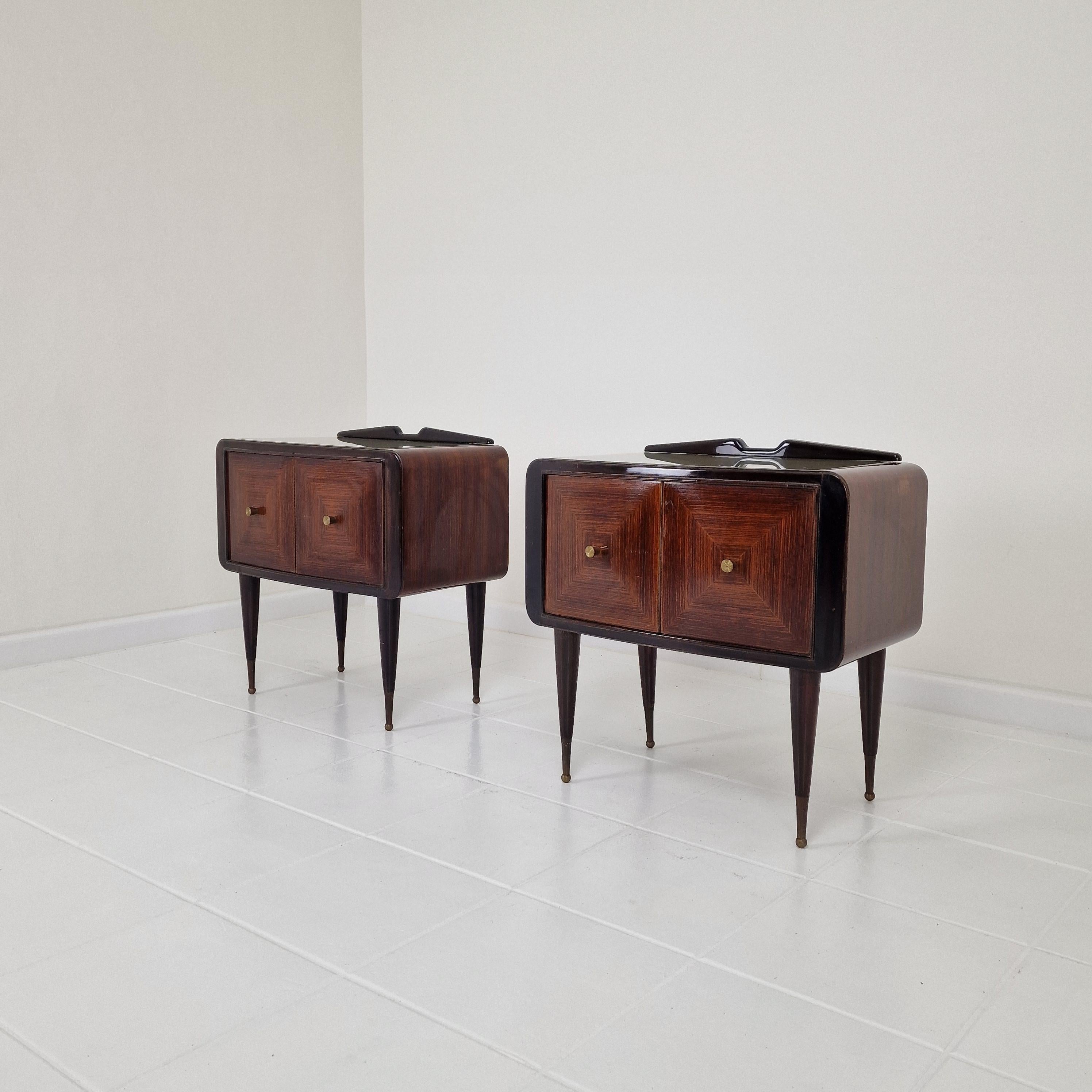 Beautiful pair of bedside tables / nightstands in the style of Ico Parisi.
Made in Italy in the late 50's. 

This lovely set is made with passion by the best craftsman, regarding the beautiful details.
The brass knobs and feet are adding