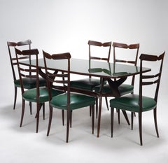 Ico Parisi Style Dining Set with Green Glass Top and Six Dining Chairs