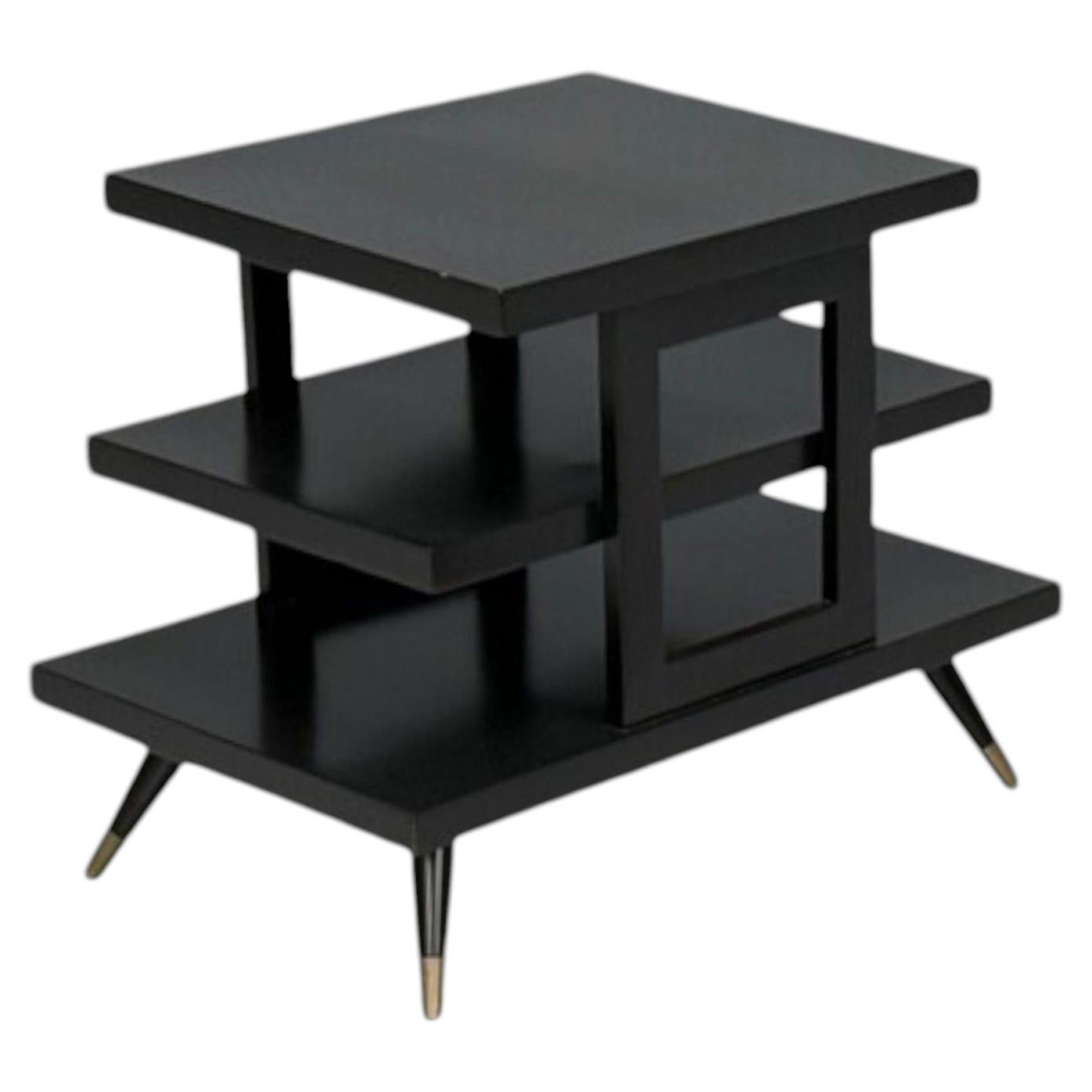 Ico Parisi Style, Ebonized Wood, Brass, Sculptural Side Table, Europe, 1950s