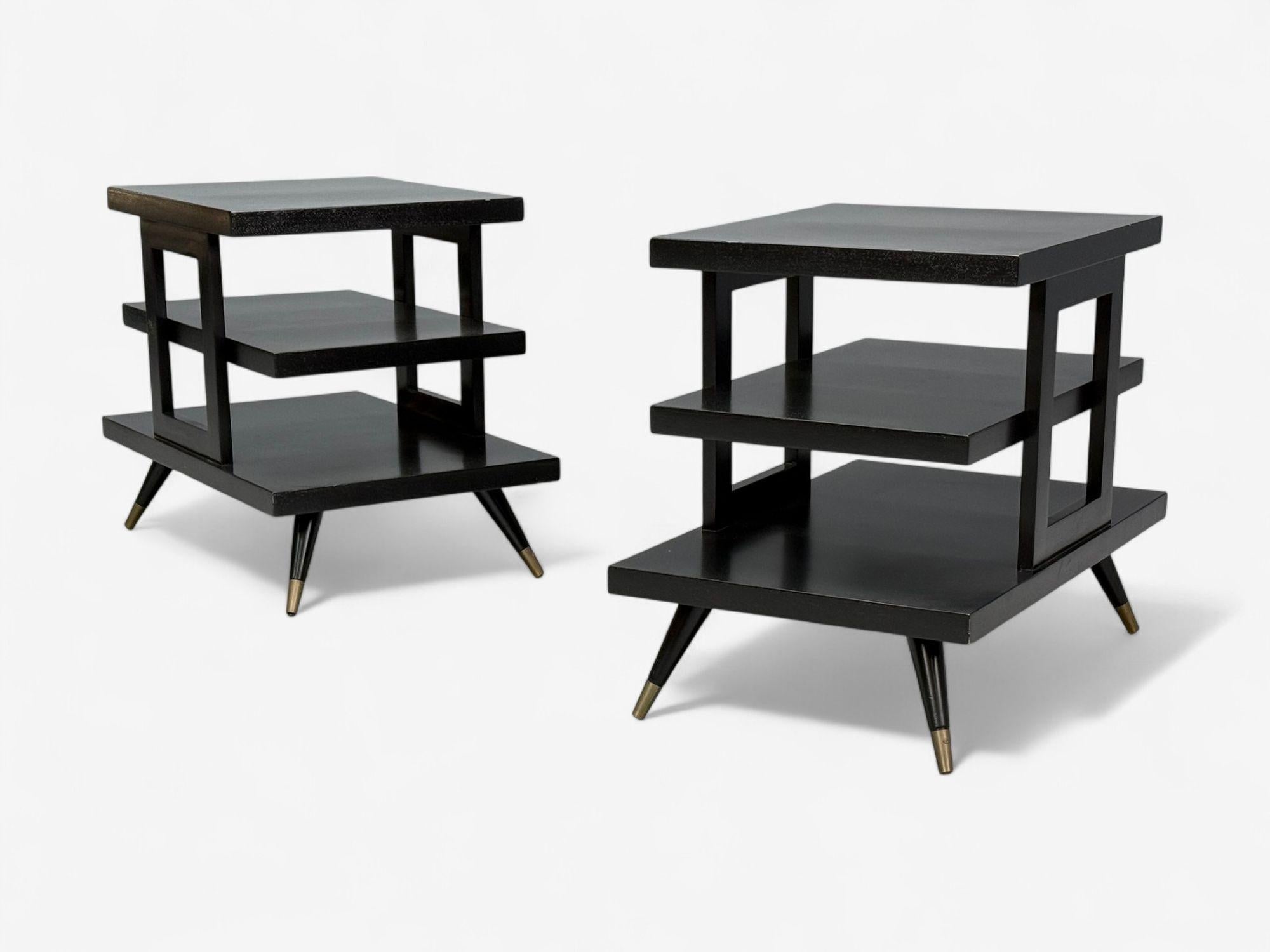 Ico Parisi Style, Mid-Century Modern, Ebonized Wood, Brass, Sculptural End or Side Tables, Europe, 1950s

Pair of ebonized wood and brass stepped side tables similar to work by Ico Parisi. Each example features three tiers and four slightly tilted