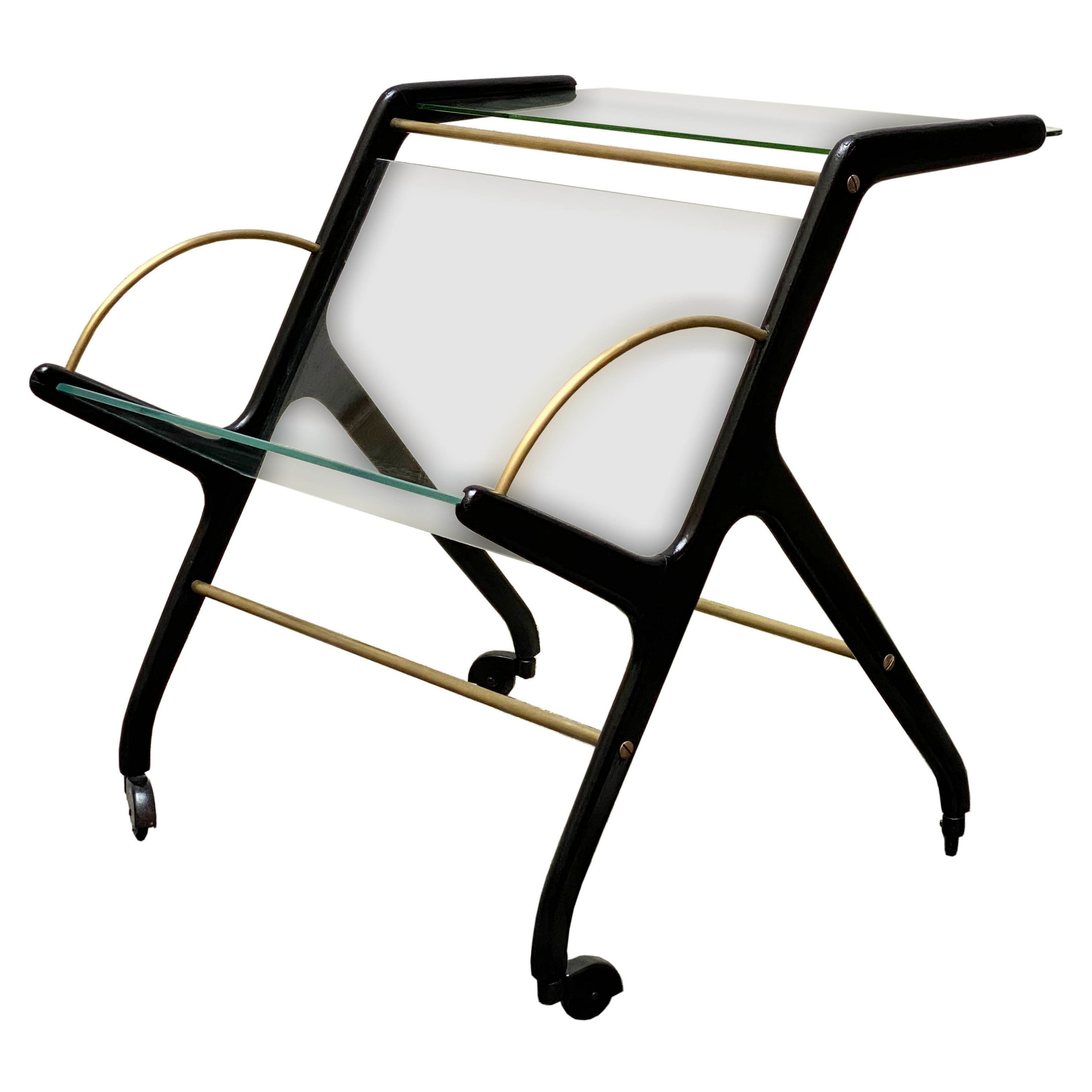 Ico Parisi Style Glass and Wood Magazine Rack with Wheels, 1950s