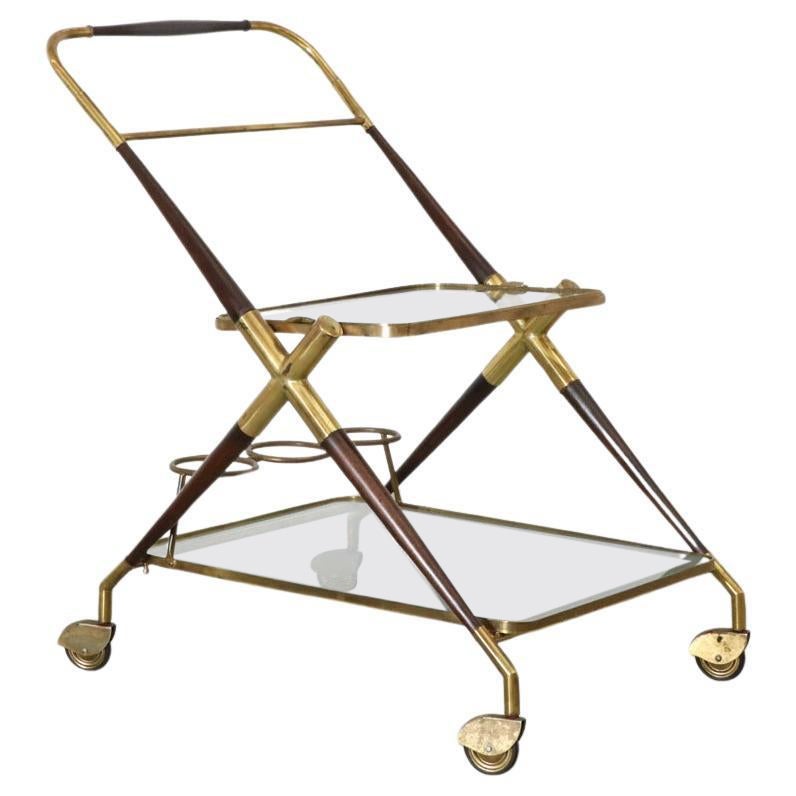 Ico Parisi Style Italian Mid-Century Bar Cart by Cesare Lacca, Brass & Wood For Sale