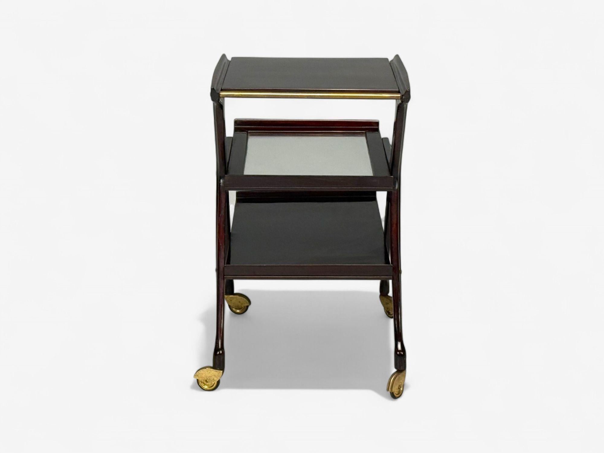 Ico Parisi Style, Italian Modern, Wood, Brass, Glass, Bar Cart, Italy, 1950s en vente 4