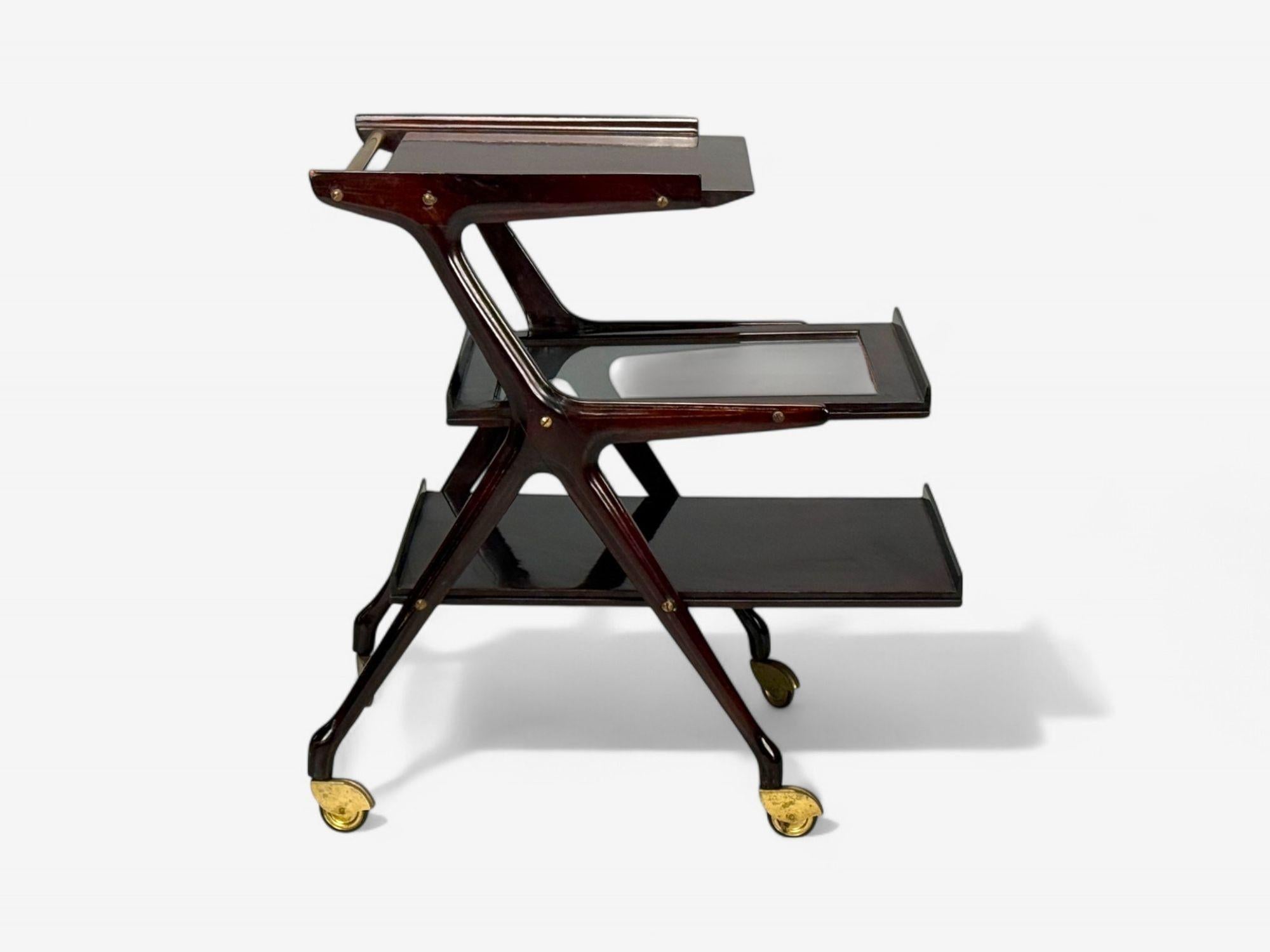 Mid-Century Modern Ico Parisi Style, Italian Modern, Wood, Brass, Glass, Bar Cart, Italy, 1950s en vente